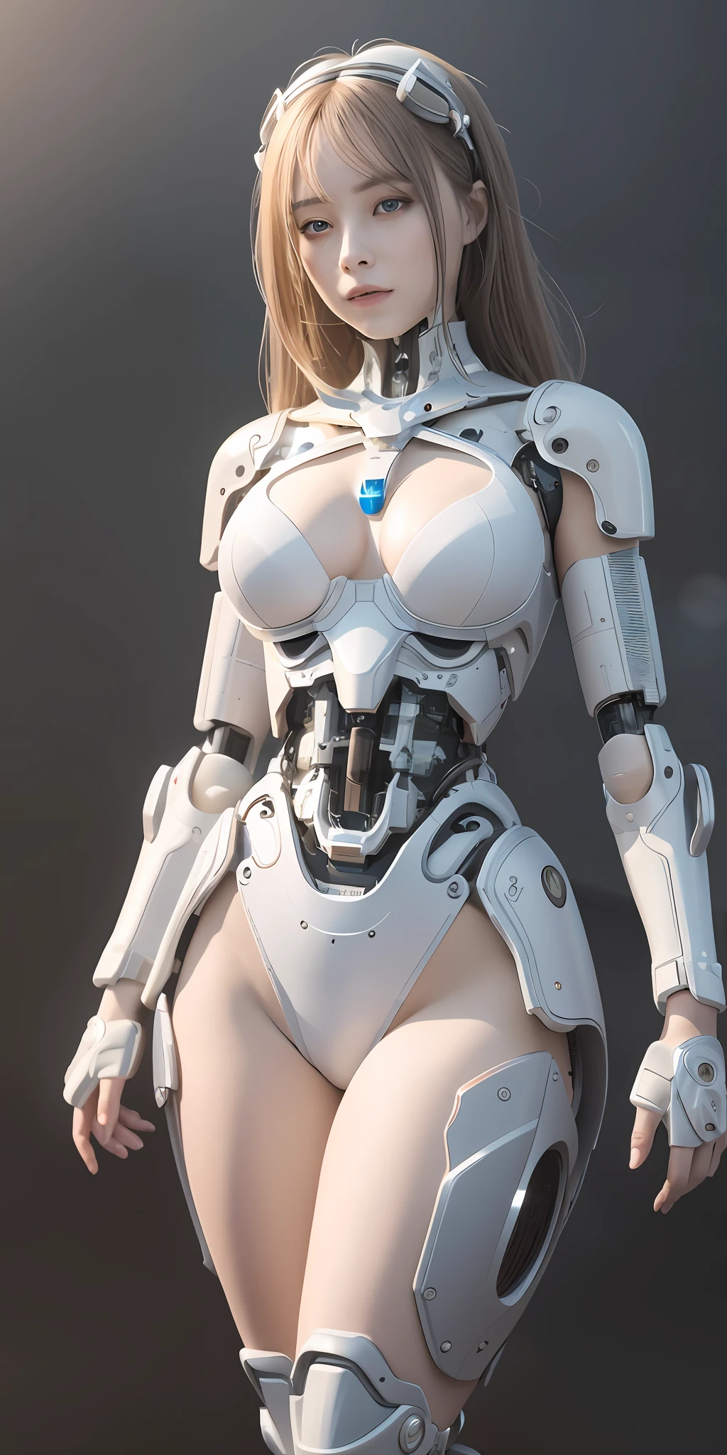 Complex 3d rendering beautiful porcelain profile super detailed female android face, cyborg, robot parts, 120mm, beautiful studio soft light, rim light, vivid details, gorgeous cyberpunk, lace: 1.1, bare shoulders, surrealistic, anatomical, facial muscles, cable wires, microchip, elegant and beautiful background, octane rendering, HR giger style, 8k, top quality, masterpiece, illustration, very delicate and beautiful, very detailed, CG, wallpaper, (realistic, photorealistic: 1.5), amazing, fine details, masterpiece, highest quality, official art, highly detailed CG Unity 8k wallpaper, absurdity, incredibly absurd、、、、、 robot, silver halmet, full body, standing position, grin