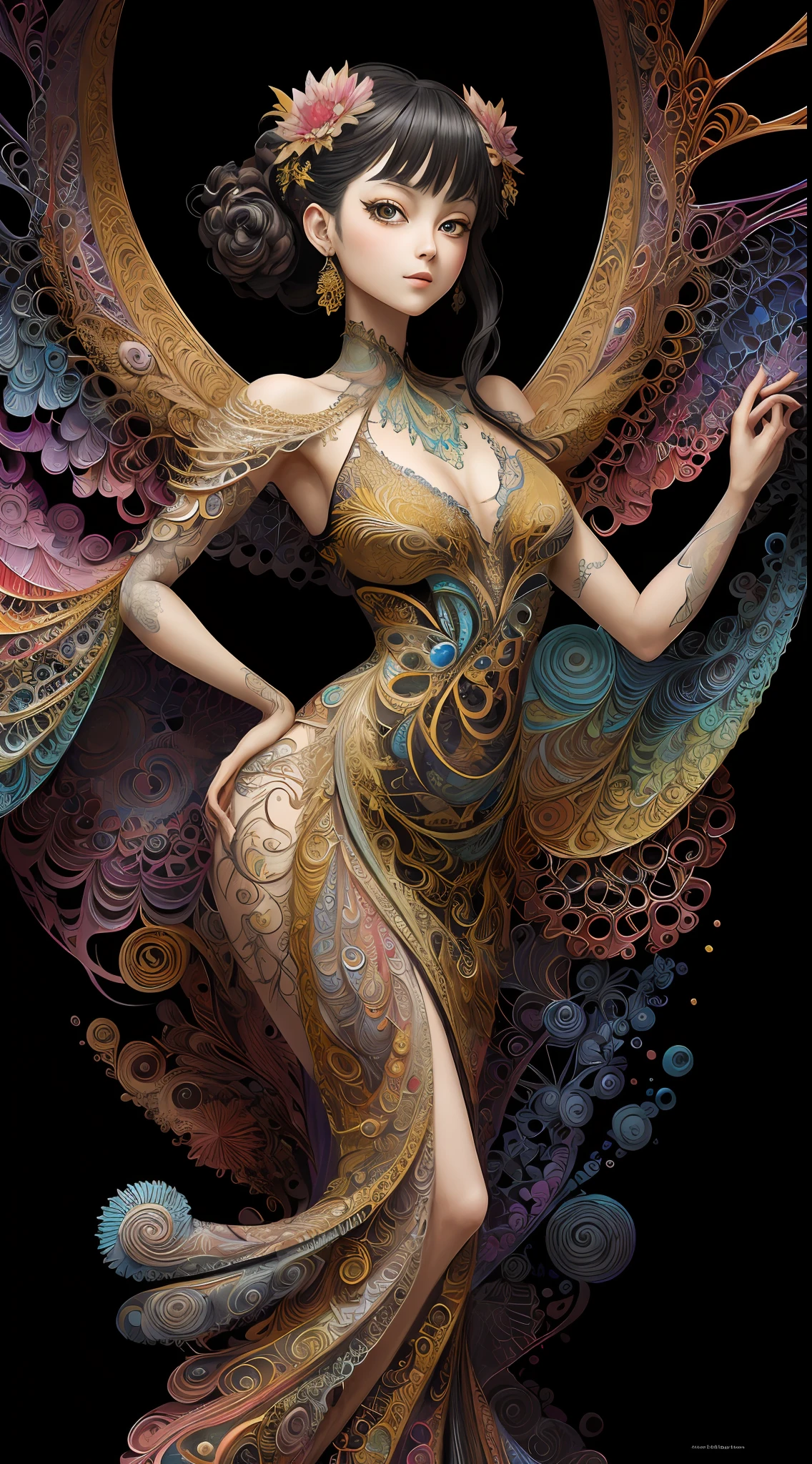 (masterpiece, top quality, best quality, official art, beautiful and aesthetic:1.2), (1girl:1.3), extremely detailed,(fractal art:1.2),colorful,highest detailed,(zentangle:1.2), (dynamic pose), (abstract background:1.5), (treditional dress:1.2), (shiny skin), (many colors:1.4), upper body, masterpiece, best quality,high quality,highres, 16K,RAW,ultra highres,ultra details,finely detail,an extremely delicate and beautiful,extremely detailed,real shadow, anime,highly detailed painted,award winning glamour paintting,wonderful paintting,art style,stylized,