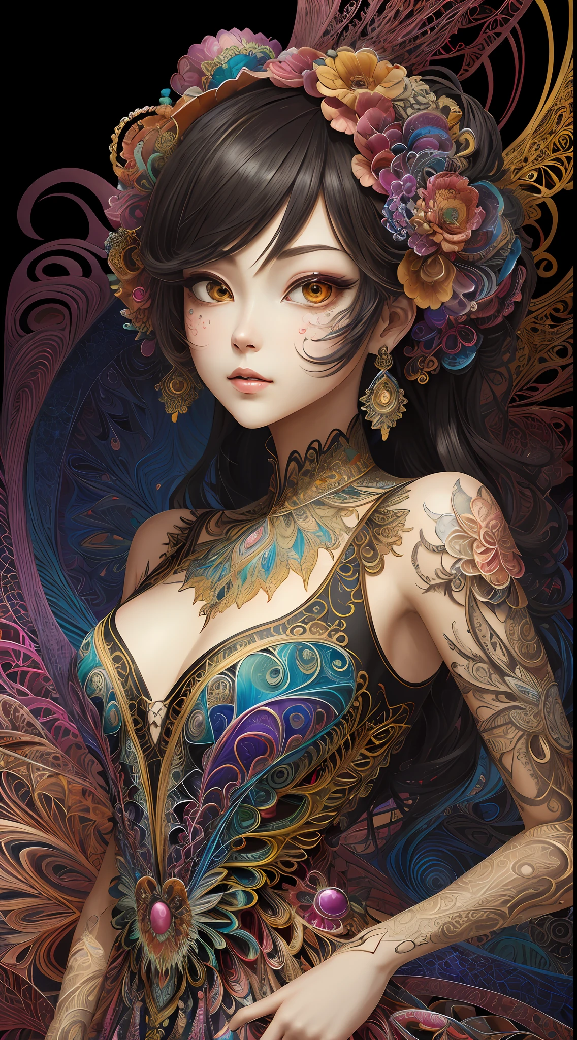 (masterpiece, top quality, best quality, official art, beautiful and aesthetic:1.2), (1girl:1.3), extremely detailed,(fractal art:1.2),colorful,highest detailed,(zentangle:1.2), (dynamic pose), (abstract background:1.5), (treditional dress:1.2), (shiny skin), (many colors:1.4), upper body, masterpiece, best quality,high quality,highres, 16K,RAW,ultra highres,ultra details,finely detail,an extremely delicate and beautiful,extremely detailed,real shadow, anime,highly detailed painted,award winning glamour paintting,wonderful paintting,art style,stylized,
