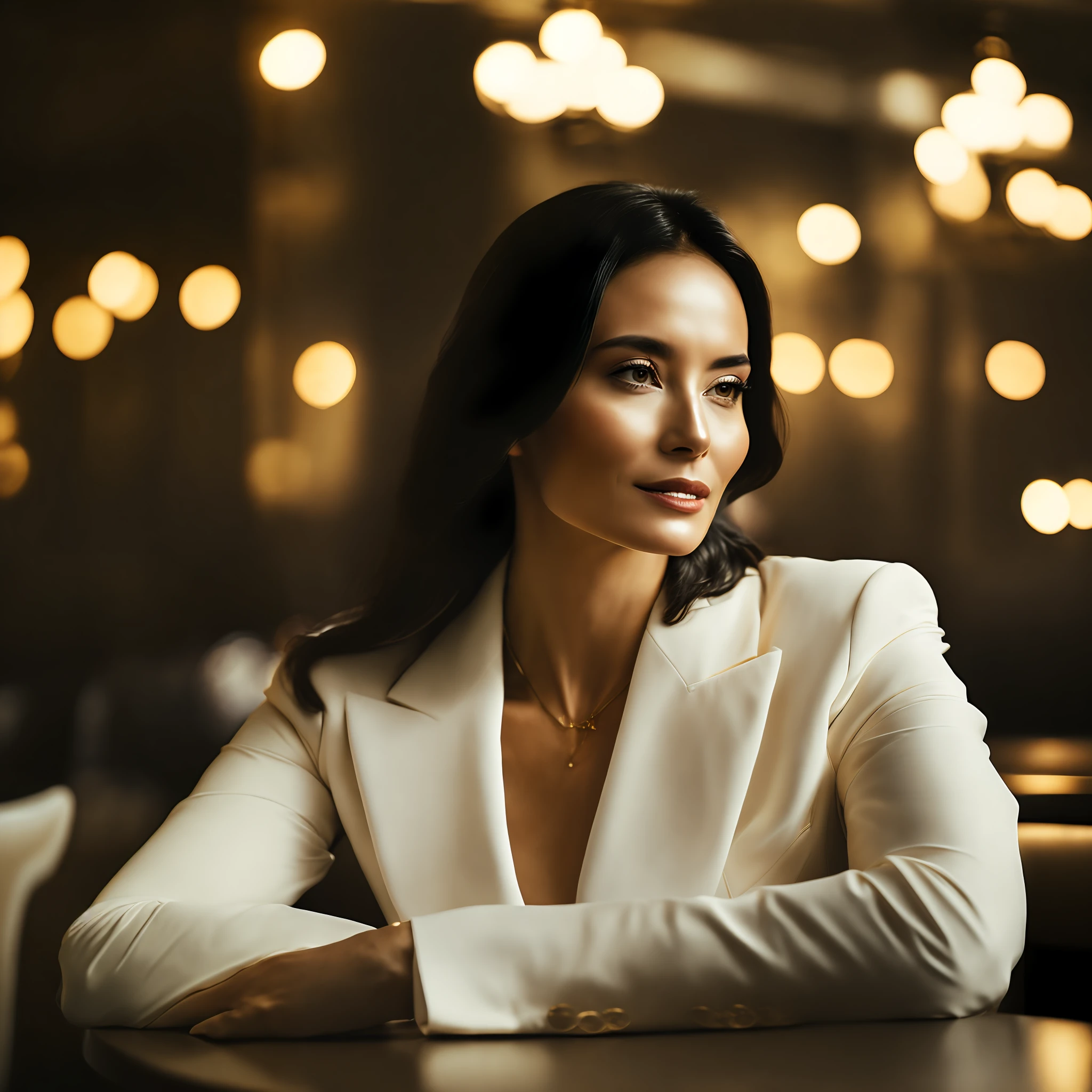 A white woman, black hair, 36 years old, 54kg, white blazer golden watch, round face,sitting at a table in a restaurant, a precision portrait, photo taken with nikon D750, anamorphic lens flare, shallow depth of field