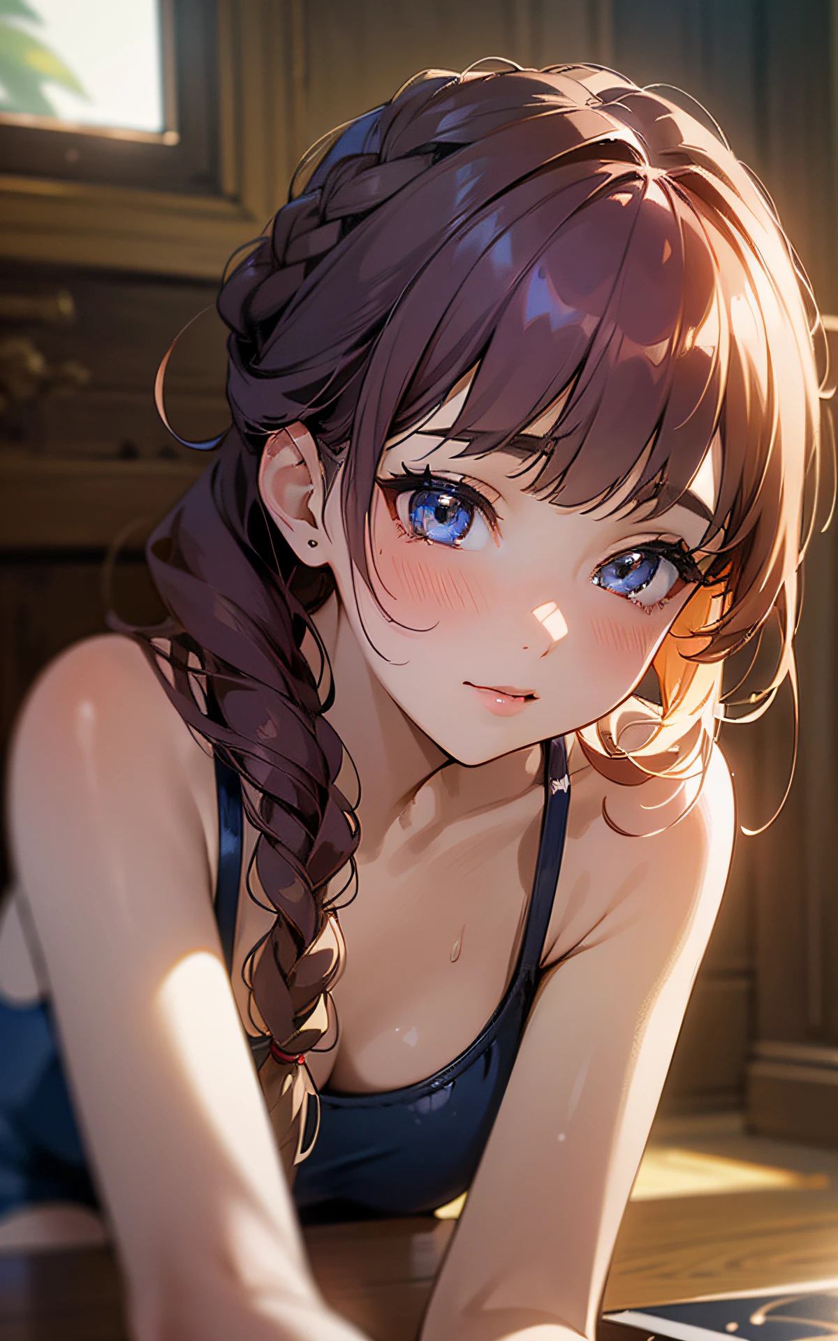 ((unity 16k wallpaper, masterpiece, best quality, ultra-detailed, extremely detailed CG, caustics, cinematic lighting, detailed, beautiful detailed eyes)), ultra high resolution, fine skin, (cute: 1.2), ( -yeld gi, ((old school swimsuit: 1.6)), summer sunshine, (shore: 2.0), ((writing in background)), wine-colored hair, biunt bangs, french braid