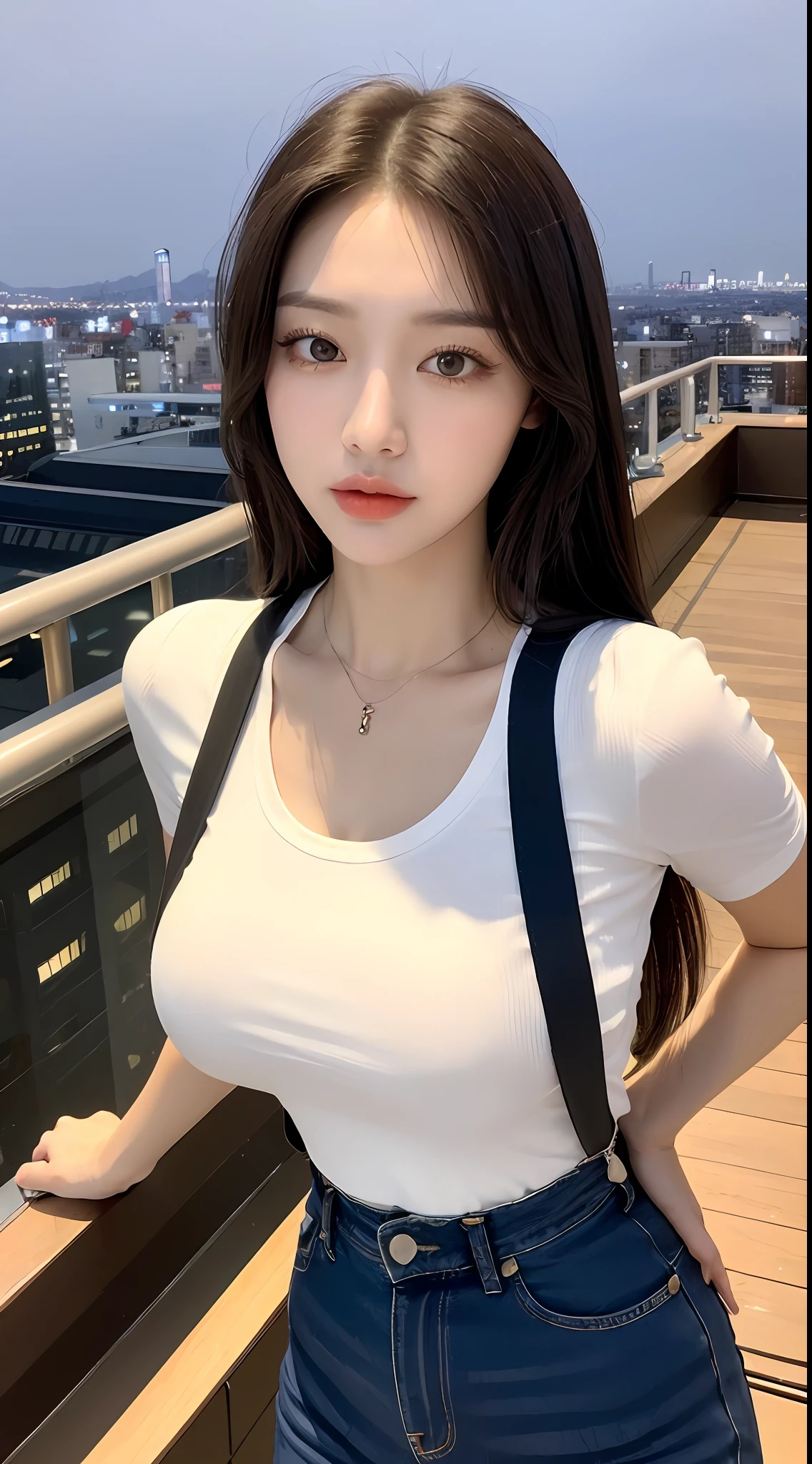((Midnight, Best quality, 8k, Masterpiece :1.3)), Whole body, Long legs, Sharp focus :1.2, A pretty woman with perfect figure :1.4, Slender abs :1.1, ((Dark brown hair, Big breasts :1.2)), (White tight tshirt, Jean bib, Standing:1.2), ((Night city view, Rooftop:1.3)), Highly detailed face and skin texture, Detailed eyes, Double eyelid