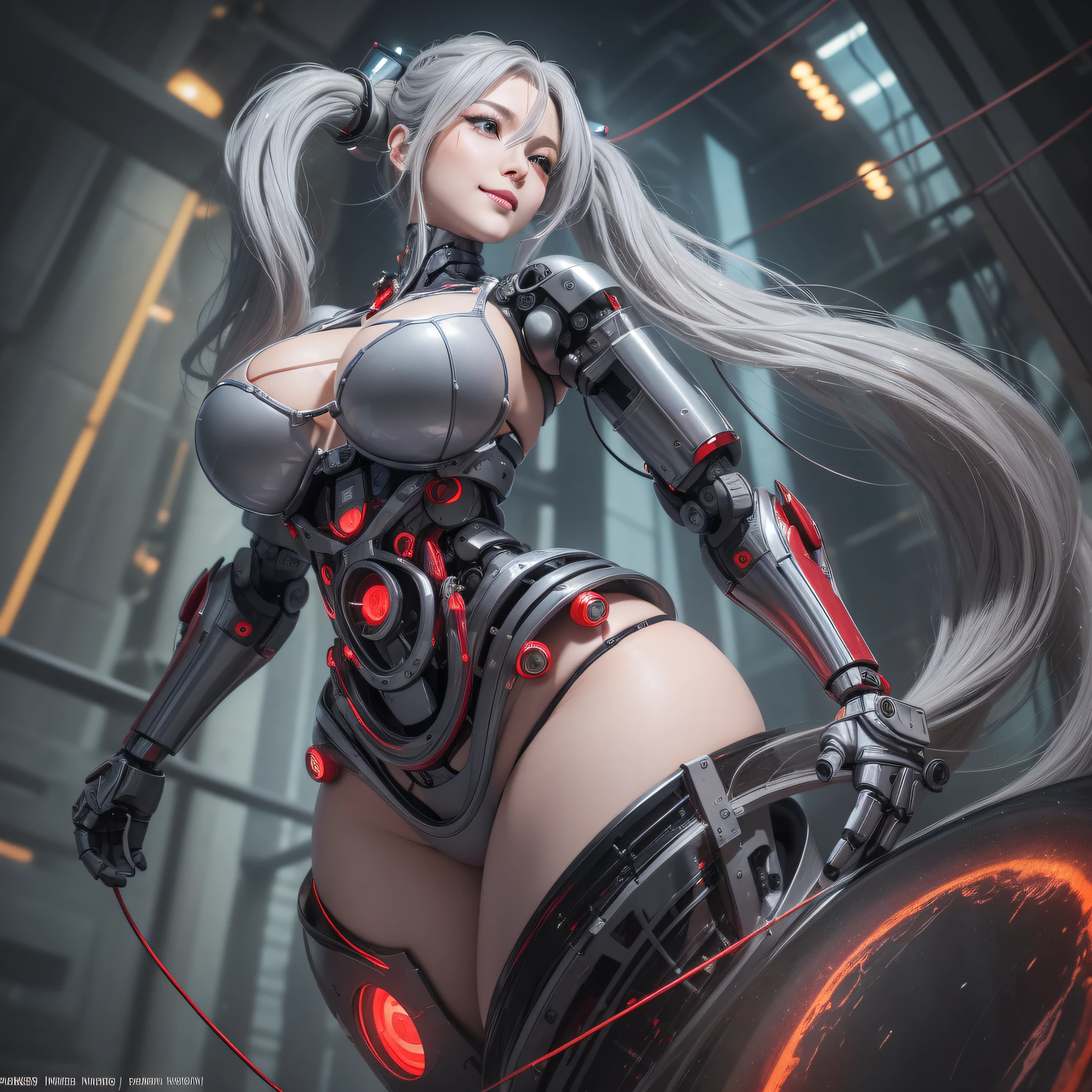 Beautiful Face,Face is Japan, 1 Woman, Big, Curvaceous, (8k, RAW Photo, Best Quality, Masterpiece: 1.2), (HDR, Realistic, Photorealistic: 1.37) (Blood vessel attached to tube), (Bikini Cyborg Robot Parts)))), (Light Grey Hair), Long Hair, Wavy Hair, Twin Tails, Medium Shot, ( Seductive smile)), (black eyes), princess cut,from below,(whole body),posing,,inside the lab,( blood vessel connected to a tube),((mechanical vertebrae attached to the back)),((mechanical neck attached to the neck)),(wire cable attached to the head and body),(character focus),science fiction,perfect female figure,perfect anatomy,ultraanatomy, Full body shot,