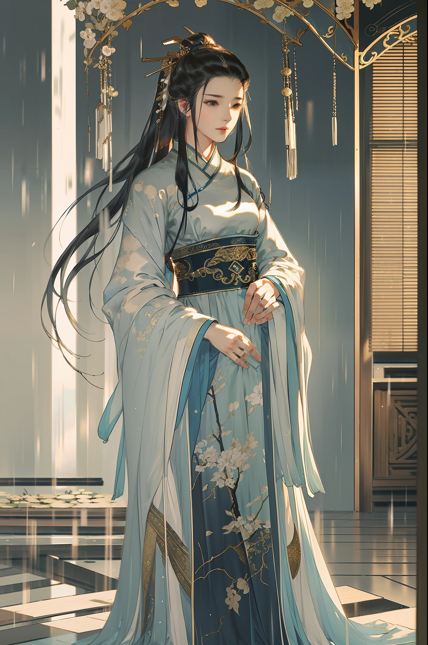 An ancient Chinese beauty, full body, standing under the eaves, dignified temperament, flowing long skirt, clear face, melancholy eyes, rainy day, movie edge light, delicate light, masterpiece, epic composition, super HD, highest quality, 32k
