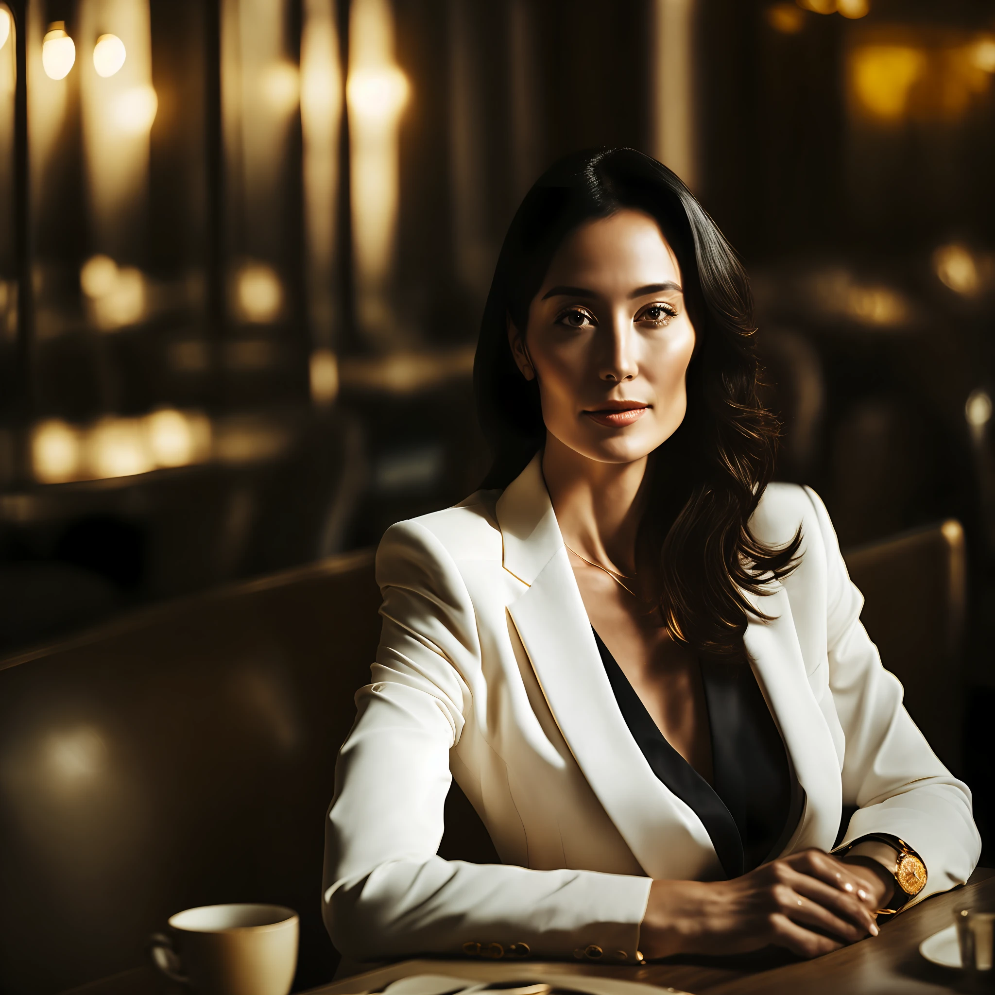 A white woman, black hair, 36 years old, 54kg, white blazer golden watch, round face,sitting at a table in a restaurant, a precision portrait, photo taken with nikon D750, anamorphic lens flare, shallow depth of field