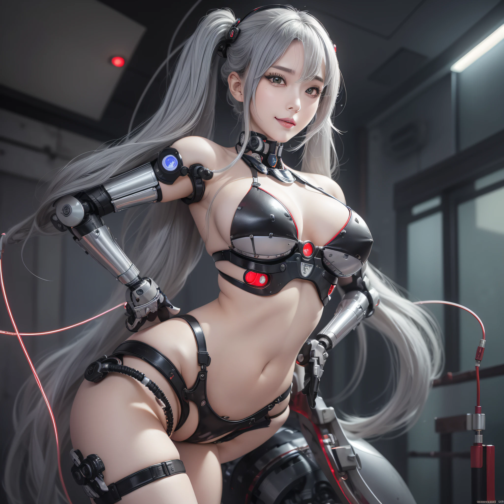 Beautiful Face,Face is Japan, 1 Woman, Big, Curvaceous, (8k, RAW Photo, Best Quality, Masterpiece: 1.2), (HDR, Realistic, Photorealistic: 1.37) (Blood vessel attached to tube), (Bikini Cyborg Robot Parts)))), (Light Grey Hair), Long Hair, Wavy Hair, Twin Tails, Medium Shot, ( Seductive smile)), (black eyes), princess cut,from below,(whole body),posing,,inside the lab,( blood vessel connected to a tube),((mechanical vertebrae attached to the back)),((mechanical neck attached to the neck)),(wire cable attached to the head and body),(character focus),science fiction,perfect female figure,perfect anatomy,ultraanatomy, Full body shot,