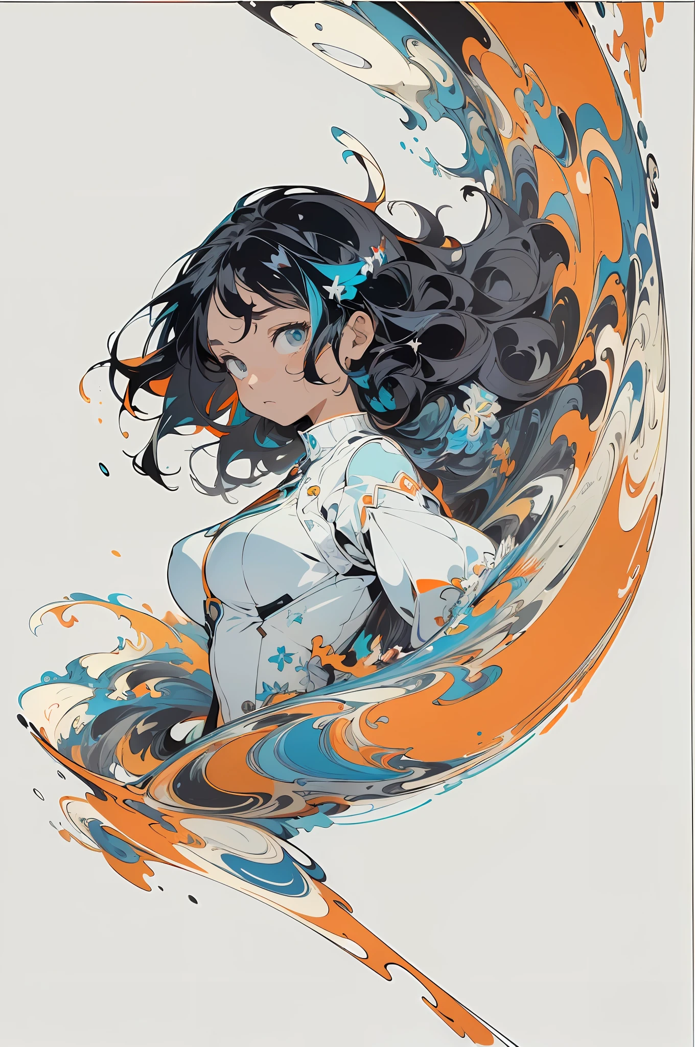 (masterpiece, top quality, official art:1.2), (flat color:1.5),(colorful), looking at the viewer, 1girl, solo, white background, floating colorful water, (2D:1.5), ((short black hair, wavy hair:1.2)), ((huge breasts)), looking at viewer