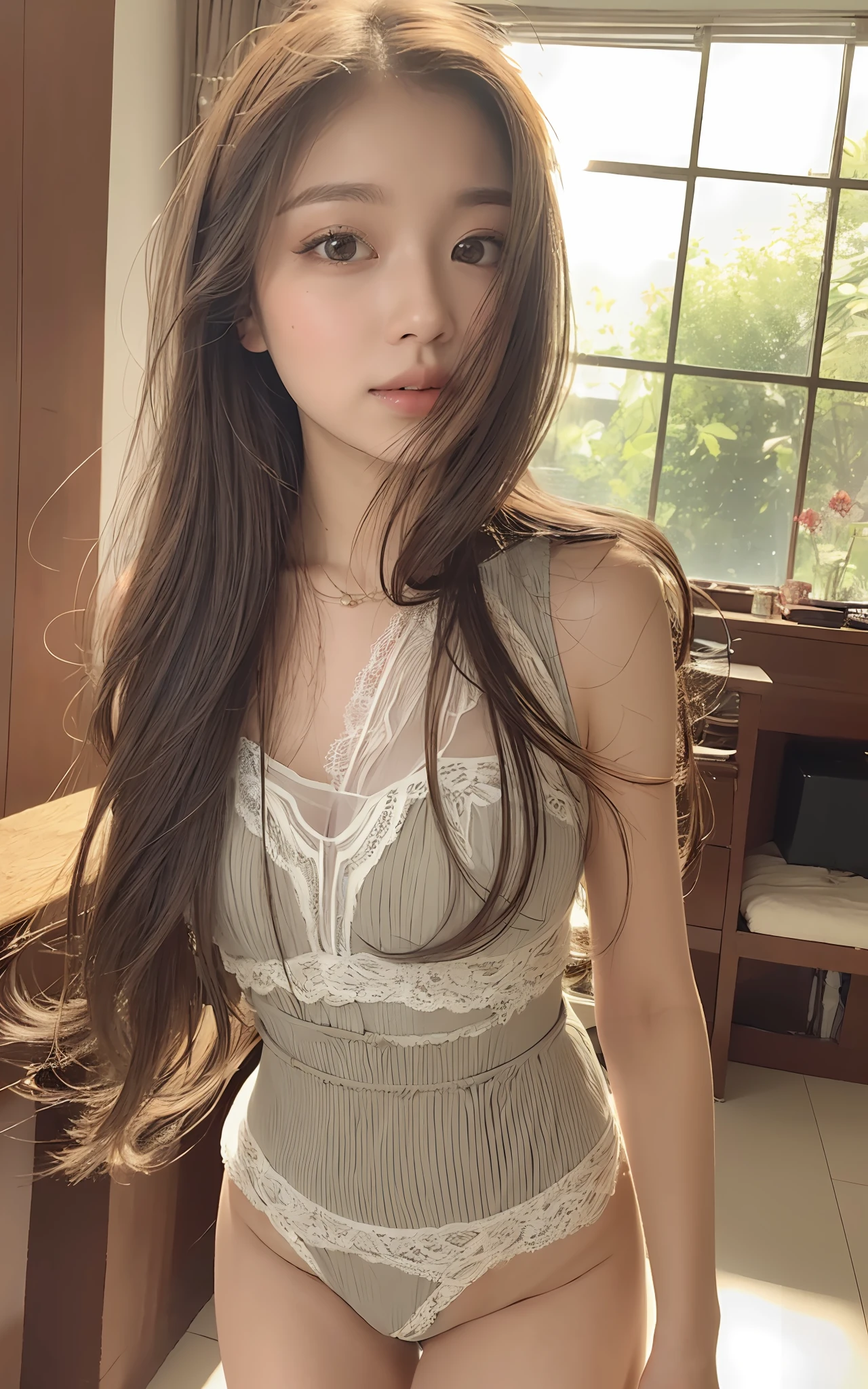 Superb, Masterpiece, Ultra High Quality, Realistic, Girl, (Beautiful Face 1.4), (Big, Constricted Waist), Long Hair, Indoors, Bokeh, Beautiful Light, Glossy Skin, Small Head, Dirty Face, Full Body, White Lingerie,