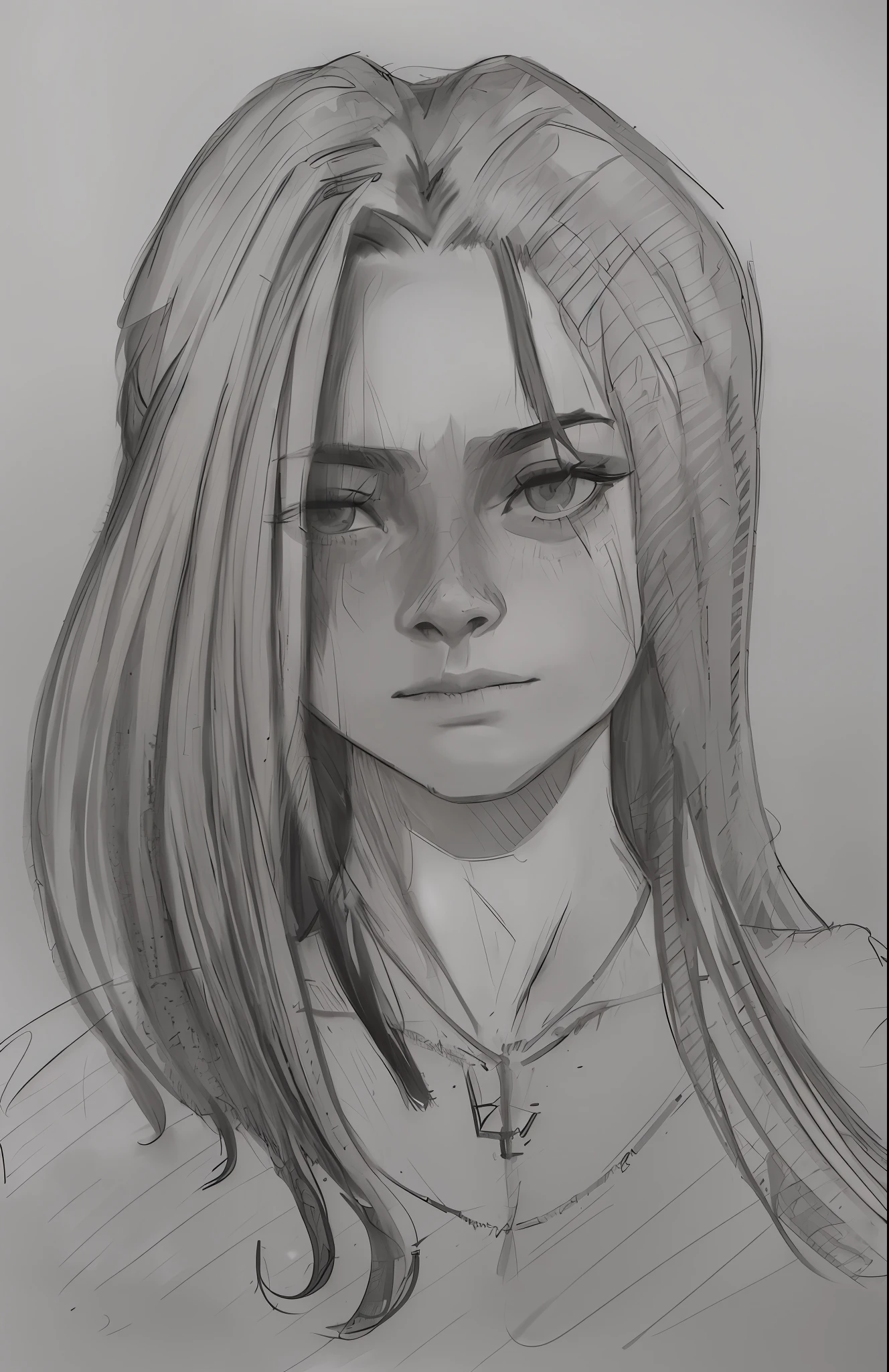 a drawing of a woman with long hair and a necklace, realistic sketch, 🤤 girl portrait, girl sketch, loose pencil sketch, girl portrait, portrait dnd, detailed character portrait, pencil sketch, portrait of a small character, fine art sketch, art sketch, concept portrait, portrait of arya stark, a pencil sketch, character concept portrait of me, black and white sketch
