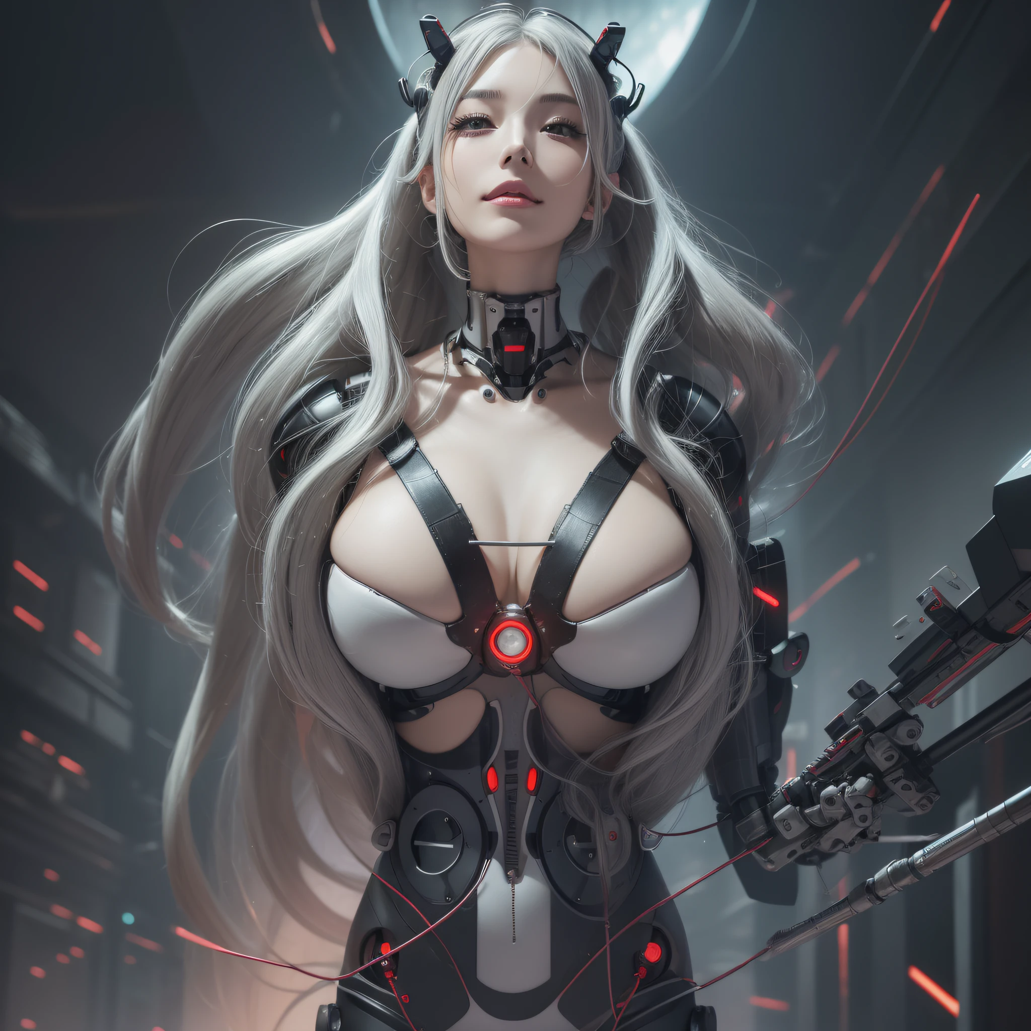 Beautiful Face,Face is Japan, 1 Woman, Big, Curvaceous, (8k, RAW Photo, Best Quality, Masterpiece: 1.2), (HDR, Realistic, Photorealistic: 1.37) (Blood vessel attached to tube), (Bikini Cyborg Robot Parts)))), (Light Grey Hair), Long Hair, Wavy Hair, Twin Tails, Medium Shot, ( Seductive smile)), (black eyes), princess cut,from below,(whole body),posing,,inside the lab,( blood vessel connected to a tube),((mechanical vertebrae attached to the back)),((mechanical neck attached to the neck)),(wire cable attached to the head and body),(character focus),science fiction,perfect female figure,perfect anatomy,ultraanatomy, Full body shot,