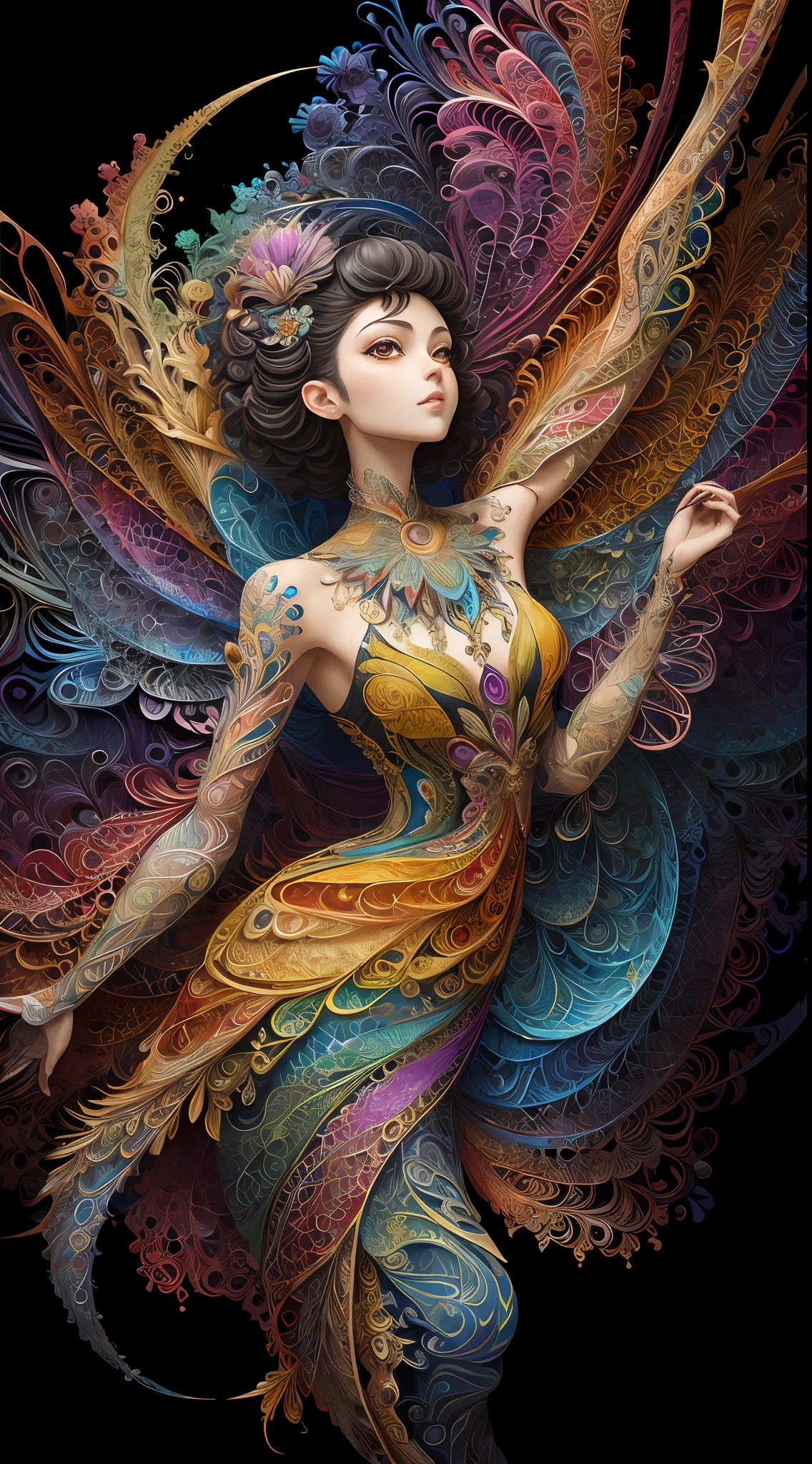 (masterpiece, top quality, best quality, official art, beautiful and aesthetic:1.2), (1girl:1.3), extremely detailed,(fractal art:1.2),colorful,highest detailed,(zentangle:1.2), (dynamic pose), (abstract background:1.5), (treditional dress:1.2), (shiny skin), (many colors:1.4), upper body, masterpiece, best quality,high quality,highres, 16K,RAW,ultra highres,ultra details,finely detail,an extremely delicate and beautiful,extremely detailed,real shadow, anime,highly detailed painted,award winning glamour paintting,wonderful paintting,art style,stylized,