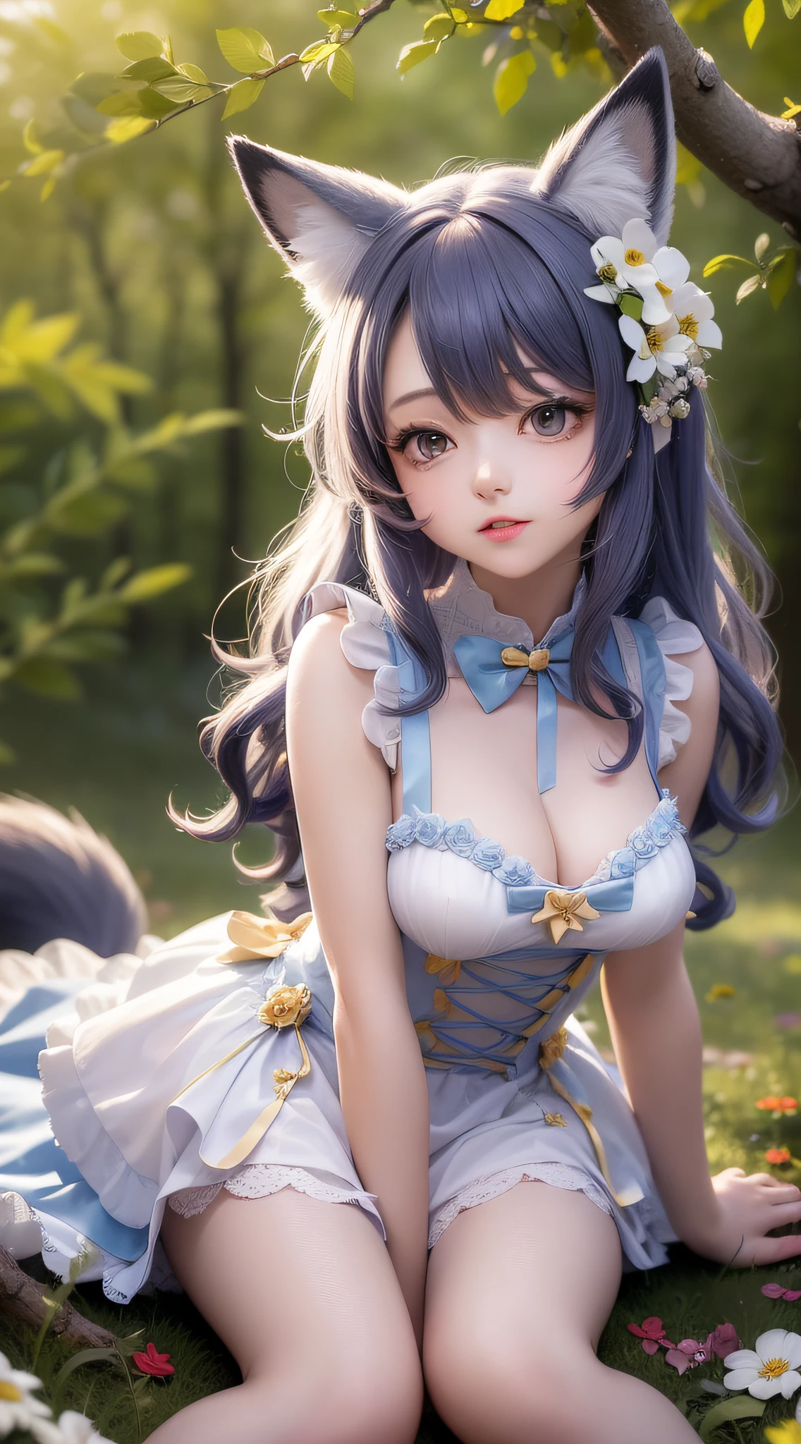(16k ultra-fine CG wallpaper, HD masterpiece, excellent picture quality, super fine texture), (excellent light and shadow, delicate and beautiful), (real smooth skin), (jewel-like sparkling eyes), (18K close-up), 1girl, solo, (full body: 1.1), sitting on a branch, outdoor, blue hair, animal ears, animal ears, fox girl, sleeveless princess dress, stockings, mid-chest, fantasy, magic, flowers, masterpiece, best quality, ray tracing, tyndall effect, depth of field, blurred background, Blur foreground, light particles, reflected light, edge light, bloom effect.