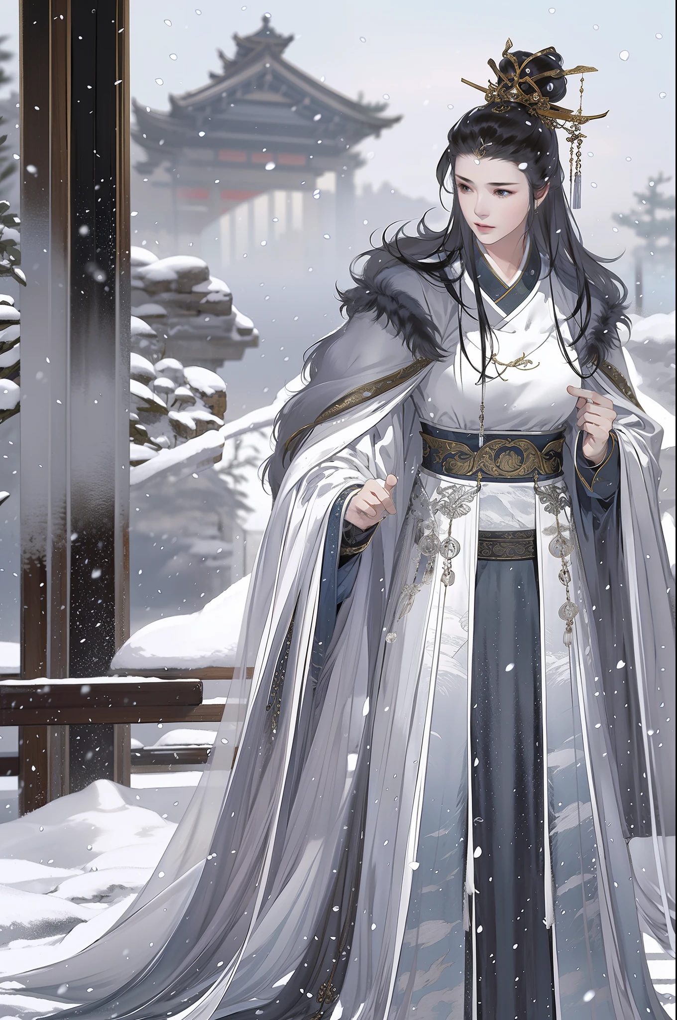 An ancient Chinese beauty, full body, standing by the window, dignified temperament, flowing long skirt, furry cape, clear face, melancholy eyes, heavy snow, movie edge light, delicate light, masterpiece, epic composition, super HD, highest quality, 32k