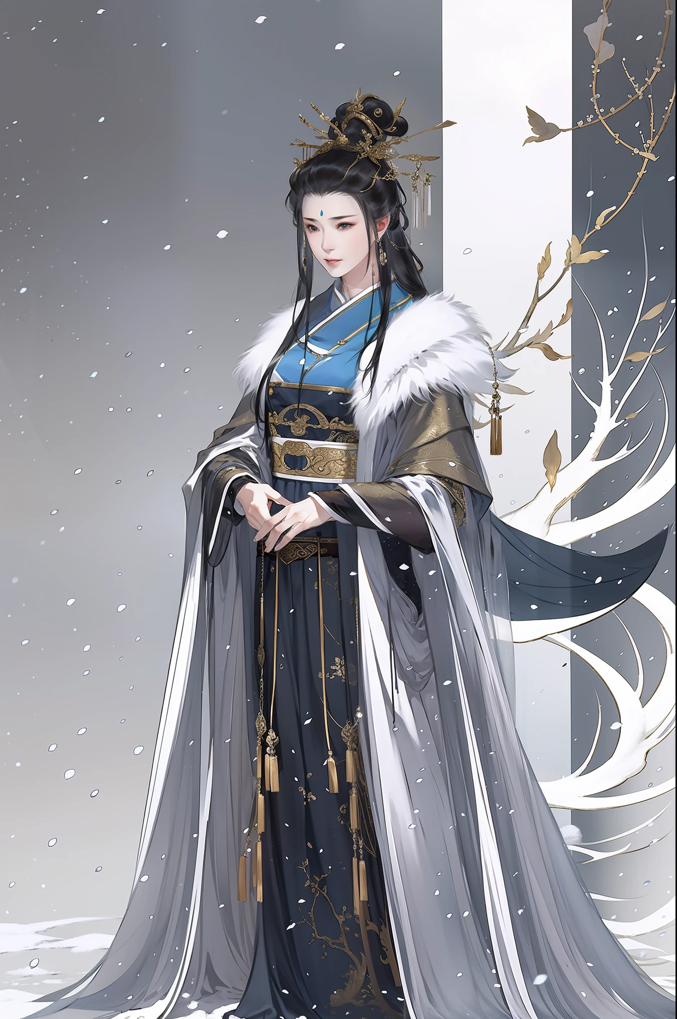 An ancient Chinese beauty, full body, standing by the window, dignified temperament, flowing long skirt, furry cape, clear face, melancholy eyes, heavy snow, movie edge light, delicate light, masterpiece, epic composition, super HD, highest quality, 32k