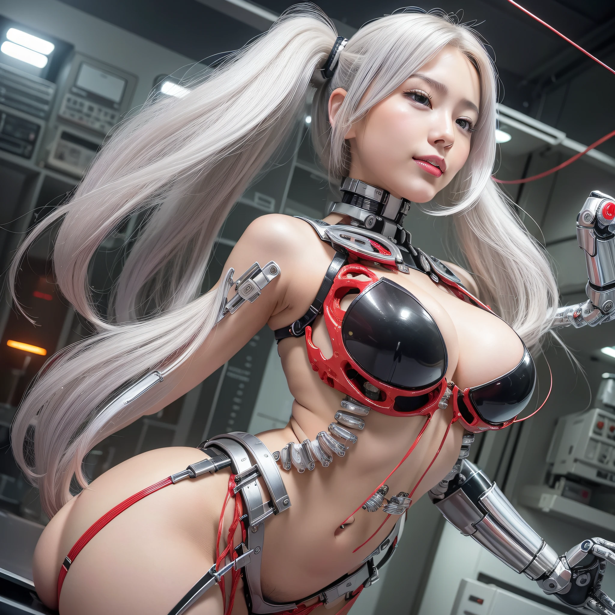 Beautiful Face,Face is Japan, 1 Woman, Big, Curvaceous, (8k, RAW Photo, Best Quality, Masterpiece: 1.2), (HDR, Realistic, Photorealistic: 1.37) (Blood vessel attached to tube), (Bikini Cyborg Robot Parts)))), (Light Grey Hair), Long Hair, Wavy Hair, Twin Tails, Medium Shot, ( Seductive smile)), (black eyes), princess cut,from below,(whole body),posing,,inside the lab,( blood vessel connected to a tube),((mechanical vertebrae attached to the back)),((mechanical neck attached to the neck)),(wire cable attached to the head and body),(character focus),science fiction,perfect female figure,perfect anatomy,ultraanatomy, Full body shot,