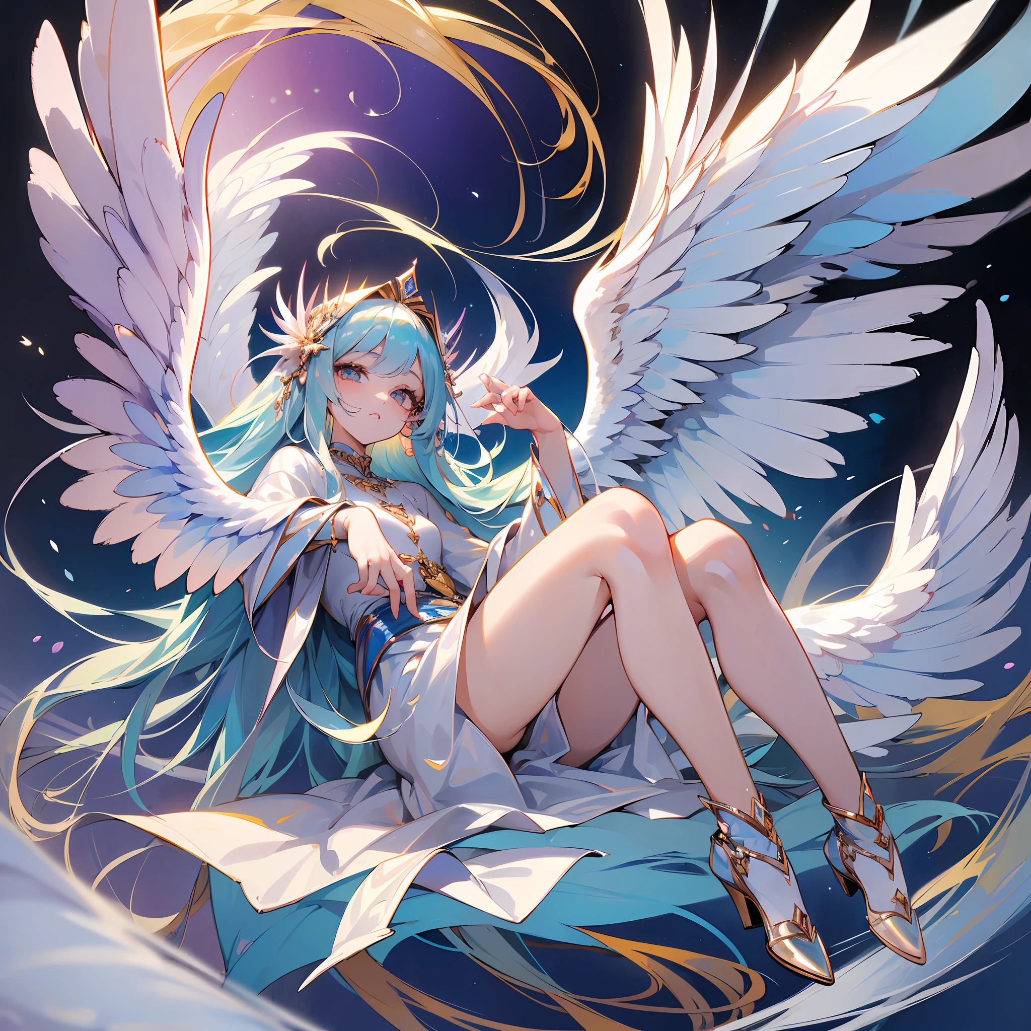 (Masterpiece: 1.4), (Best Quality: 1.4), (Very Cute Angel Girl, Super Detailed Face, Jewel-like Eyes, White Very Long Hair, Colorful Gradient Hair: 1.4), (Angel Ring: 1.4), (Angel Wings: 1.4), (Full Body, Perfect Two Arms, Perfect Two Legs: 1.4), Light, Shine