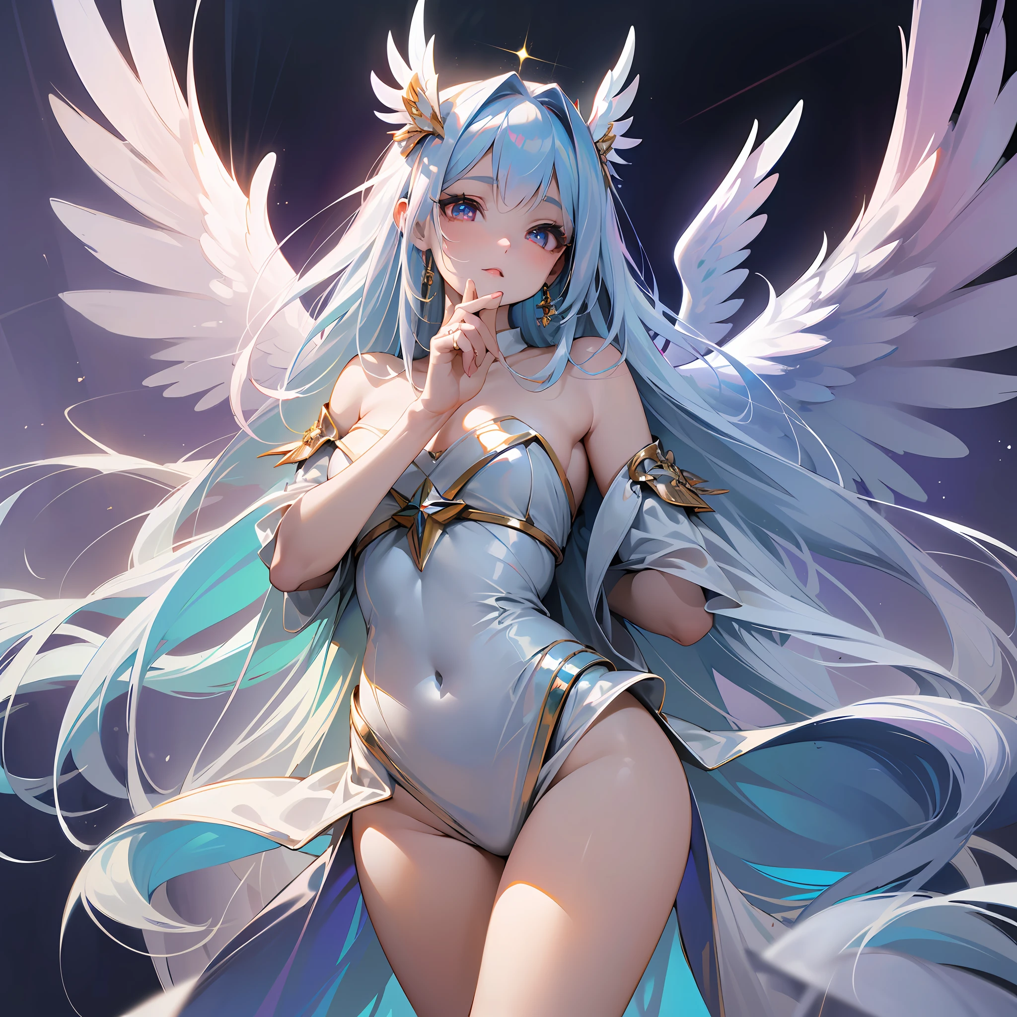 (Masterpiece: 1.4), (Best Quality: 1.4), (Very Cute Angel Girl, Super Detailed Face, Jewel-like Eyes, White Very Long Hair, Colorful Gradient Hair: 1.4), (Angel Ring: 1.4), (Angel Wings: 1.4), (Full Body, Perfect Two Arms, Perfect Two Legs: 1.4), Light, Shine