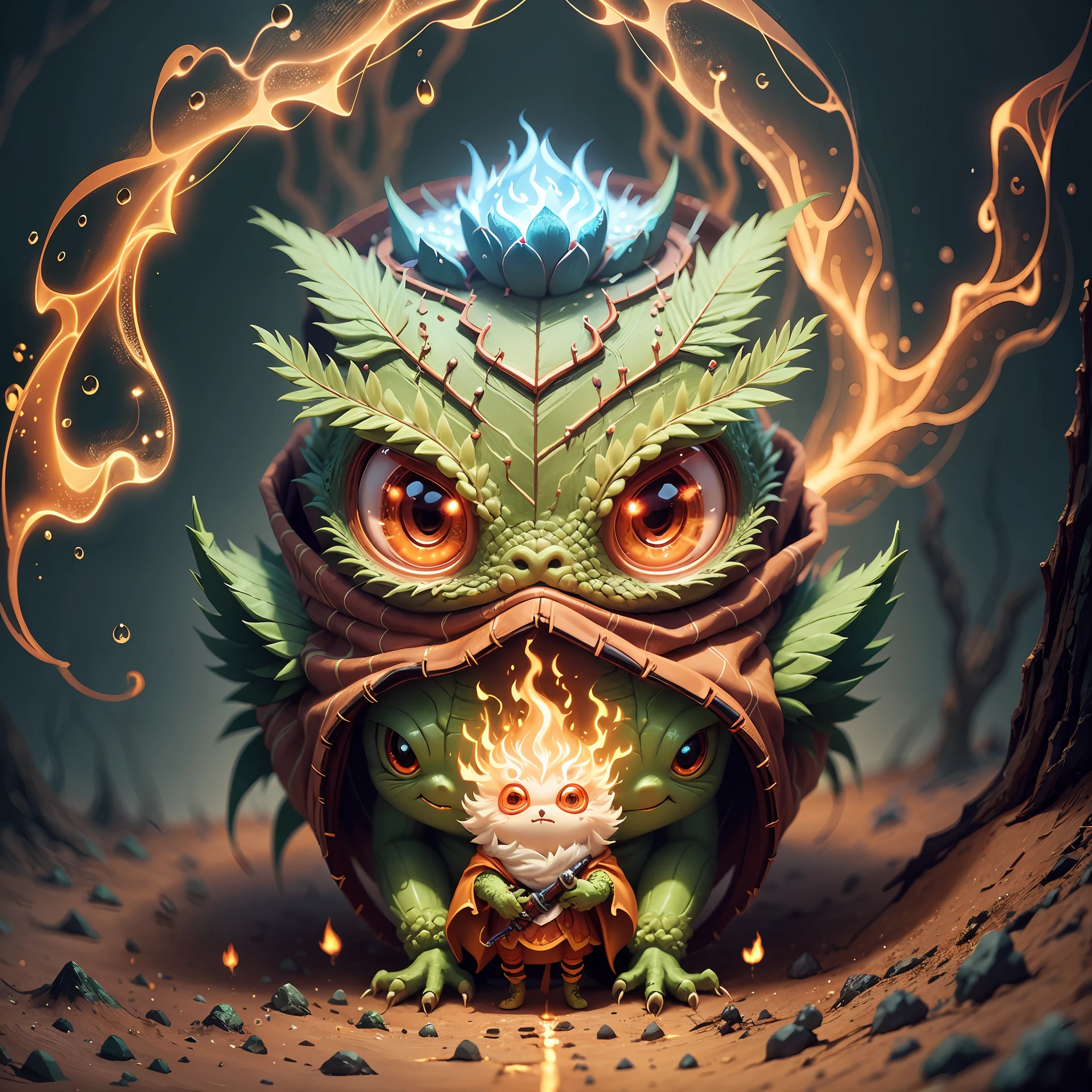 Flame transforms into a cute cartoon creature, wearing a red flame cloak and holding a flame sword. The hair is like a burning flame. The surrounding air is distorted by the heat wave. Love detailed digital art, cute forest creatures, cute digital paintings, cute little creatures, cute creatures, cute digital art, cute 3d rendering, cute monster portrait, plant monster, cute monster, cute artwork, plant monster, alien creature, alien plant, digital painting highly detailed --auto --s2