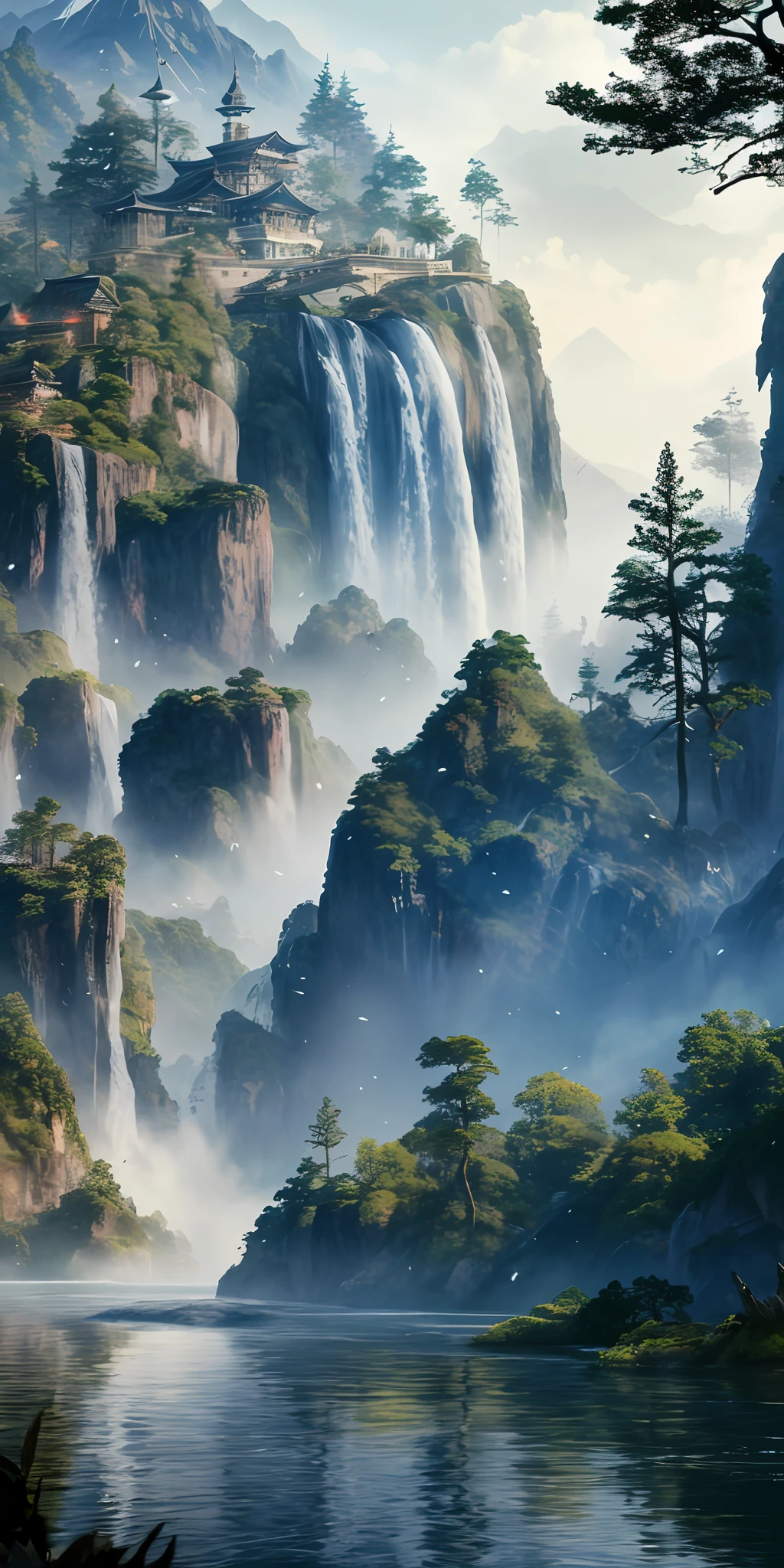 Mountain waterfall picture, several cranes flying between the waterfalls, super high quality, top house, vertical wallpaper, 4K/8K resolution, Ross Tran style, finely painted, beautiful matte effect, 672 width detailed landscape, suitable as iPhone wallpaper or avatar, inspired by Raphael Lacoste.