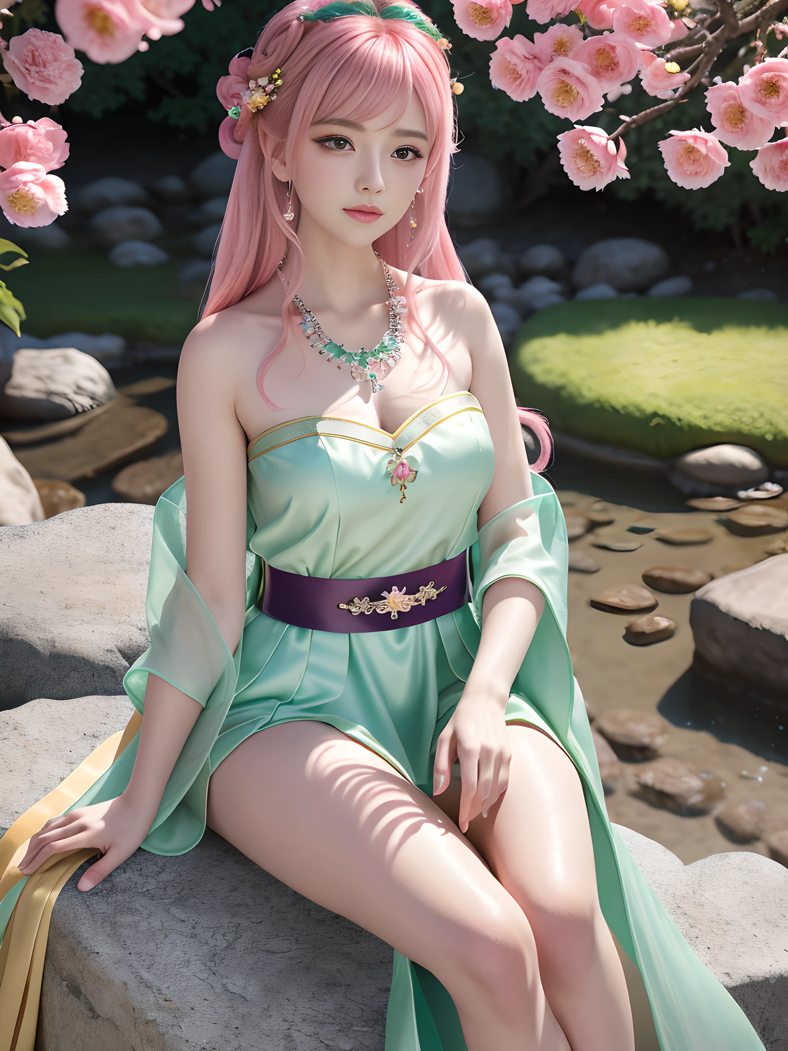 Best Quality, Masterpiece, High Resolution, 4K, 8K, Very Realistic, Real, Photography, Photo, 1girl, Solo, Mature Beautiful Girl, Sitting on Stone, Facing the Audience, Exuding Charm, (Detailed Hanfu, Green Hanfu, Green Long Dress), Bandeau, cleavage, leaky shoulders, (very detailed skin), beautiful Peugeot face, (big eyes, high detail eyes), blush, star pupils, high-detail eyelashes, pink hair, (beautiful hair accessories), necklaces, jewelry, slim figure, outdoors, Courtyard, full of peach blossoms, rich background, light sense, 8K uhd, DSLR, soft light, high quality