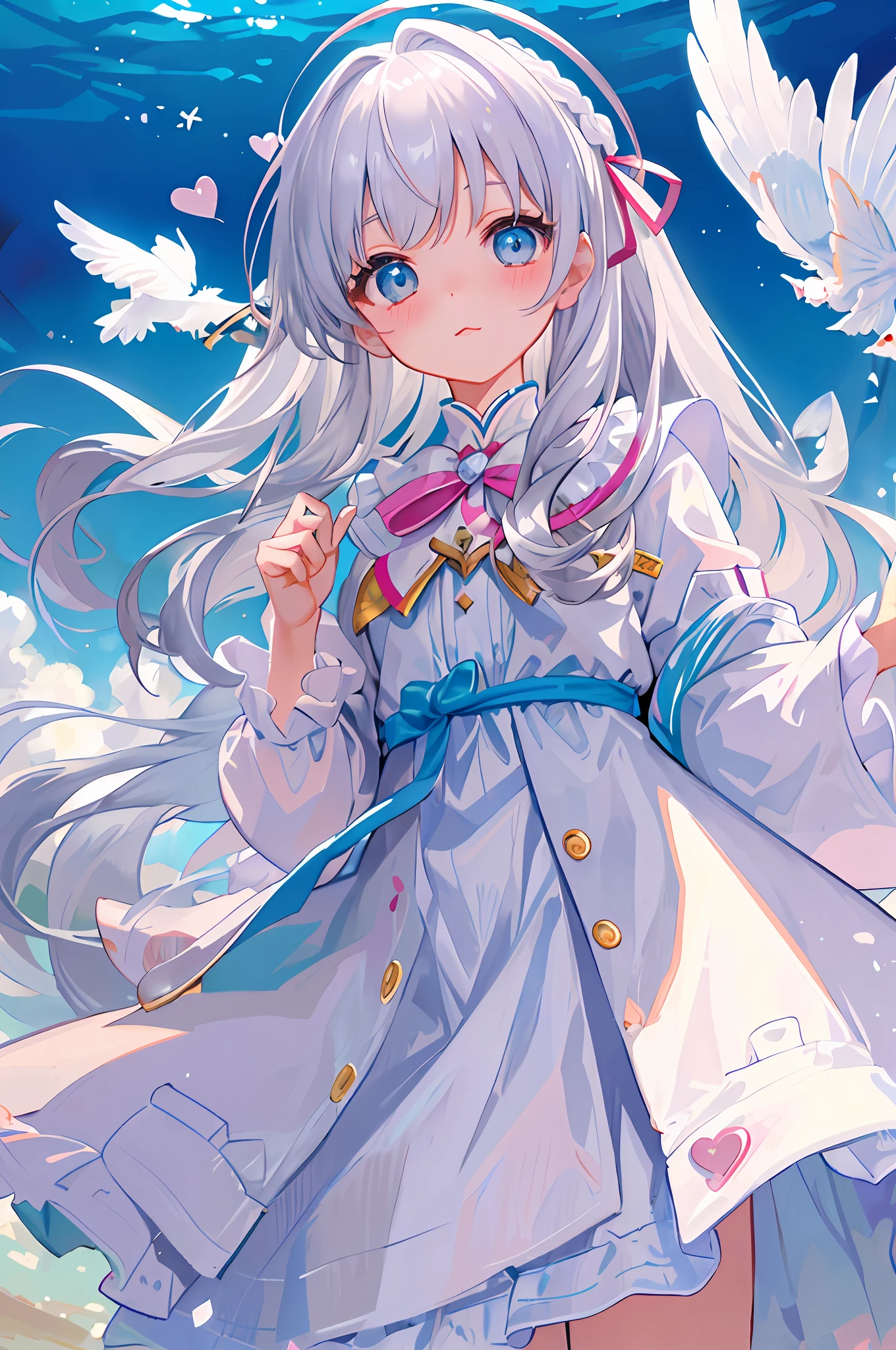 (((Masterpiece))), top quality, super detailed, blush, cute and playful, aquarium, cute outerwear, white dress, pastel clothes, ribbons, cheerful, silver hair, fluffy hairstyle, huge, heart-blowing eyes, sweet look.