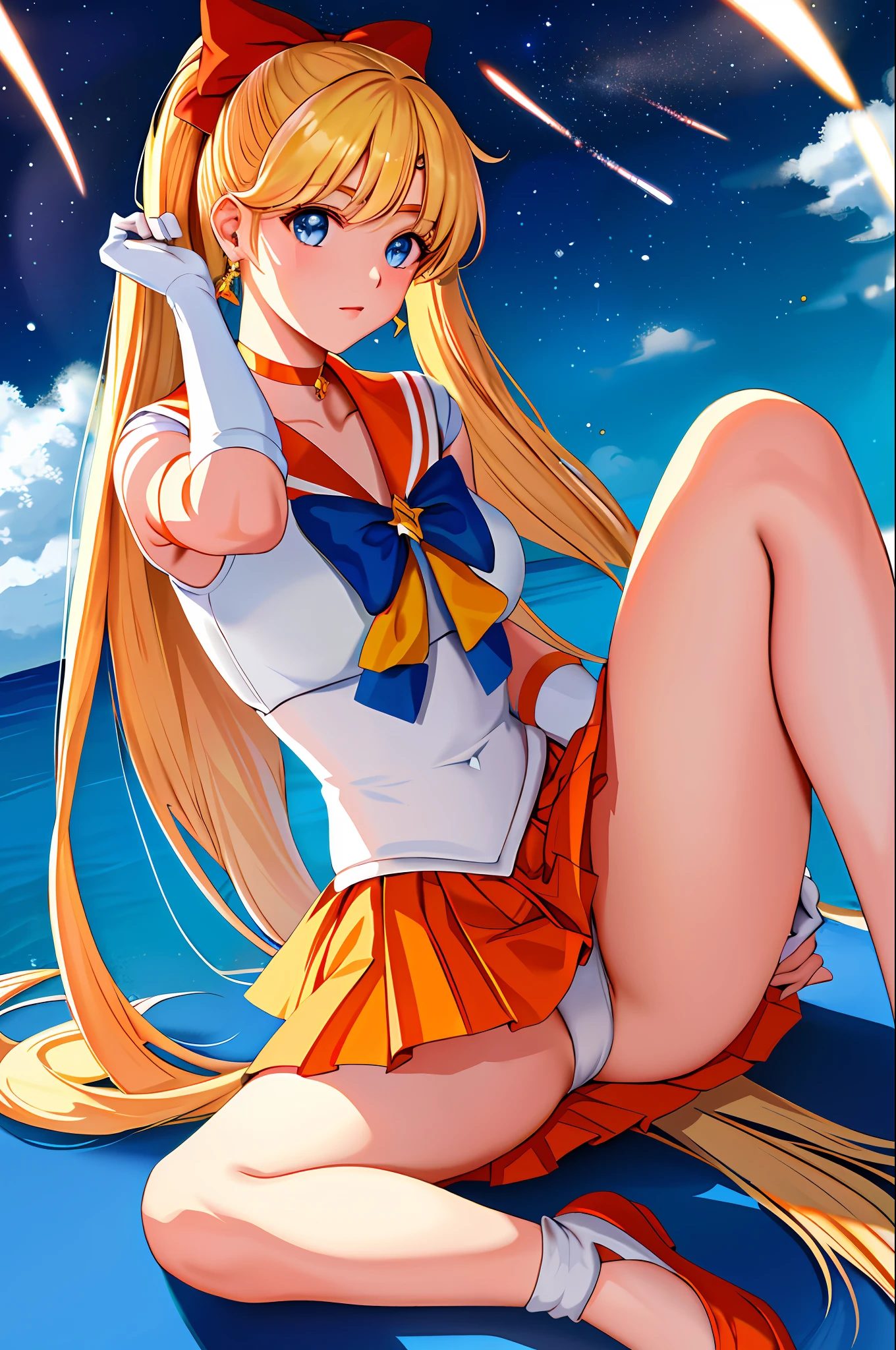 masterpiece, best quality, highres, venus1, 1girl, solo, sailor senshi uniform, sailor venus, aino minako, blonde hair, magical girl, blue eyes, orange skirt, elbow gloves, tiara, pleated skirt, hair bow, orange sailor collar, miniskirt, choker, red bow, orange choker, white gloves, very long hair, jewelry, earrings, sitting, open legs, legs apart, white panties