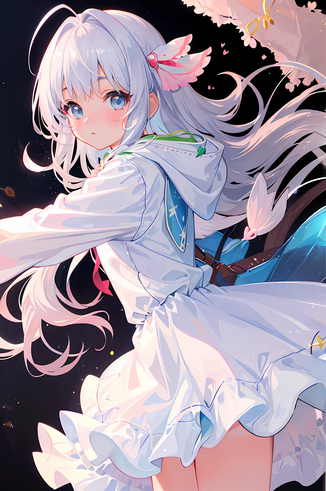 (((Masterpiece))), top quality, super detailed, blush, cute and playful, aquarium, cute outerwear, white dress, pastel clothes, ribbons, cheerful, silver hair, fluffy hairstyle, huge, heart-blowing eyes, sweet look.
