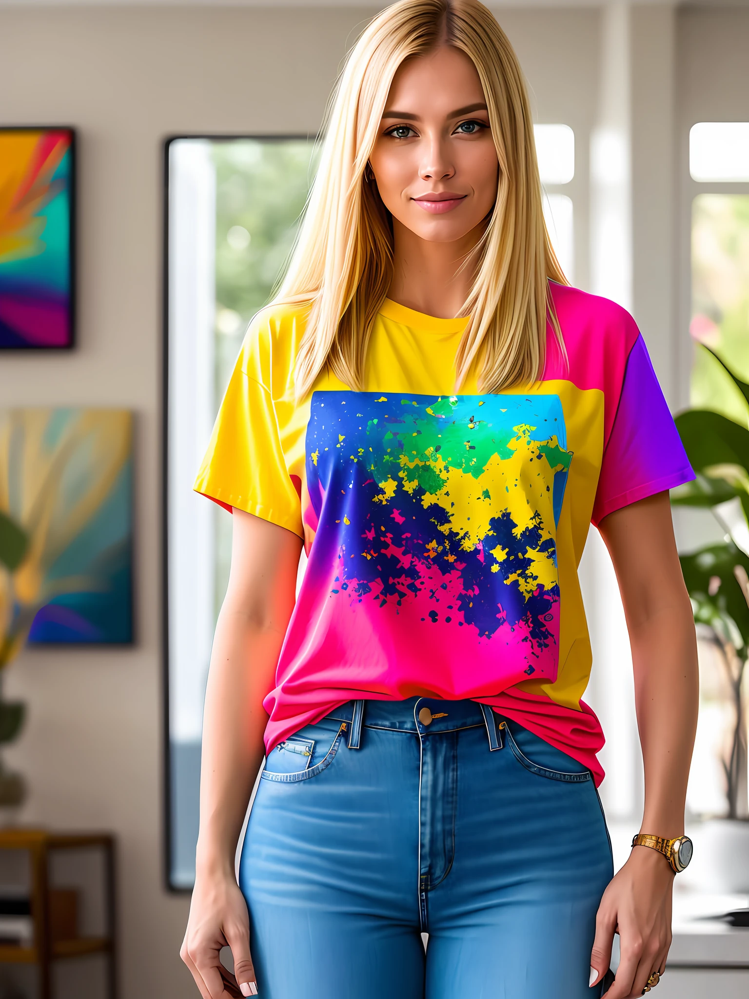 Woman with bright blond straight hair, wearing a pair of jeans and colorful T-shirt,. It has one with fixed look, detailed in a modern room, masterpiece of best quality, photorealistic, detailed, 8k, HDR, shallow depth of field, wide light, high contrast, backlighting, blooming, clear brightnesses, chromatic aberration, sharp focus.