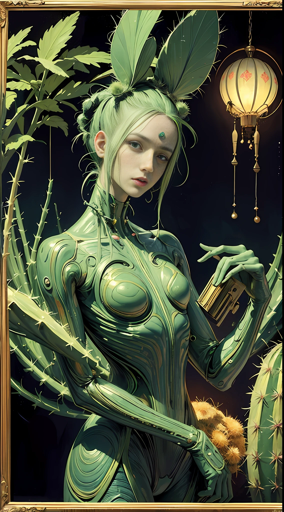 neon alien humanoid with alien skin and cannabinoid hairstyle and cannabis head (masterpiece), high detail, static frame, Vangogh's da-Vinci style with vintage coloring, giving proportionality to the hero to scale (humanoid cactus of an ancient civilization of an extraterrestrial race), thin contour lines, expressiveness of black shadows, Leonardo da Vinci style.