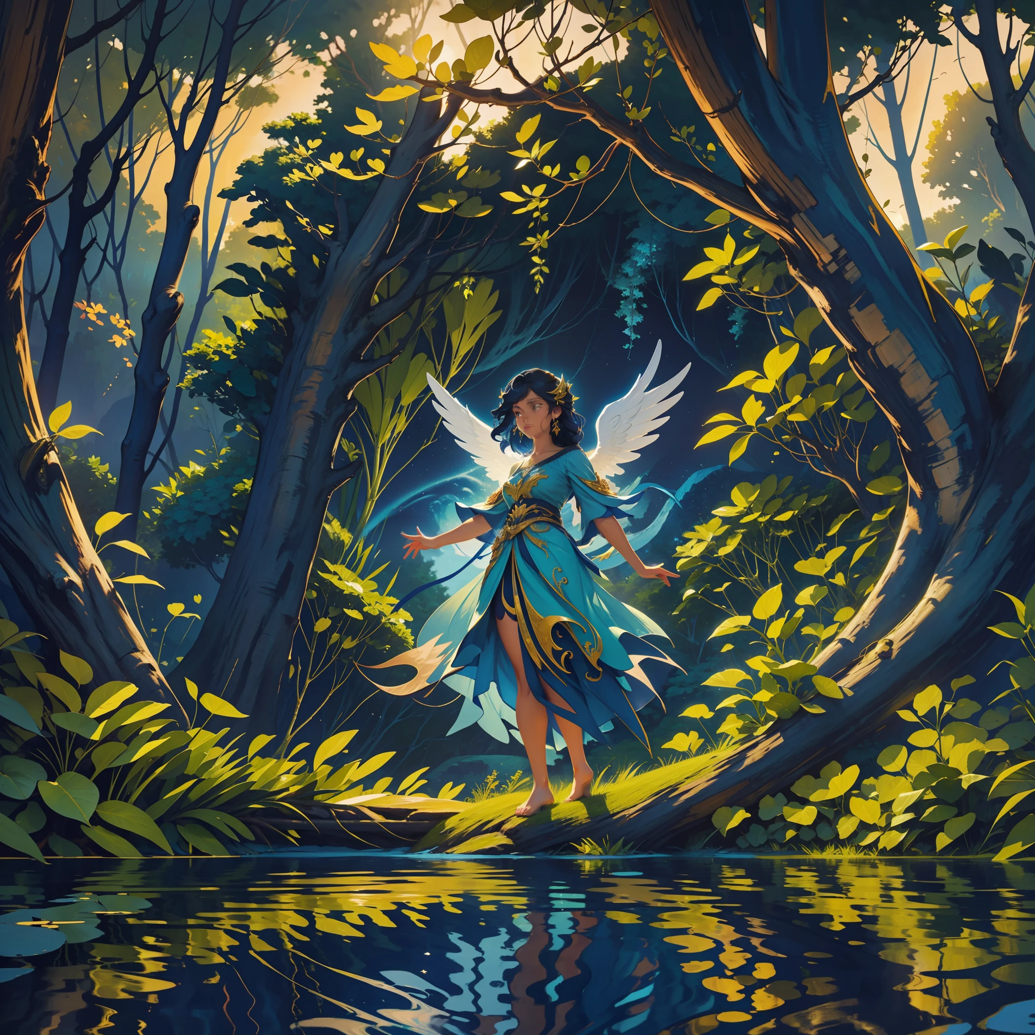 An angel woman hovers over a serene lake at dusk. The water reflects deep blue and gold tones, while the surrounding trees are framed by lush vegetation. Its dark wings glow with a soft golden hue,