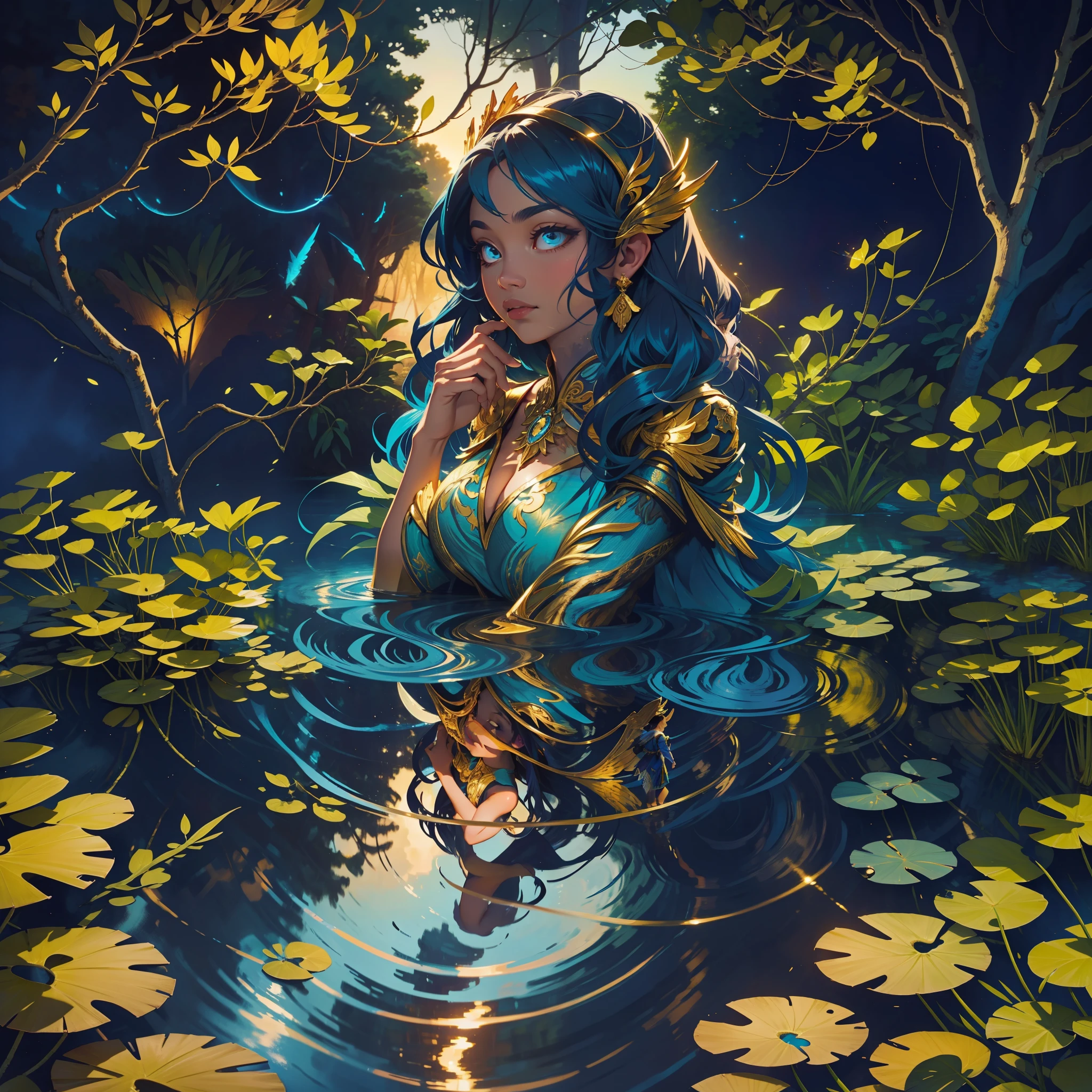An angel woman hovers over a serene lake at dusk. The water reflects deep blue and gold tones, while the surrounding trees are framed by lush vegetation. Its dark wings glow with a soft golden hue,