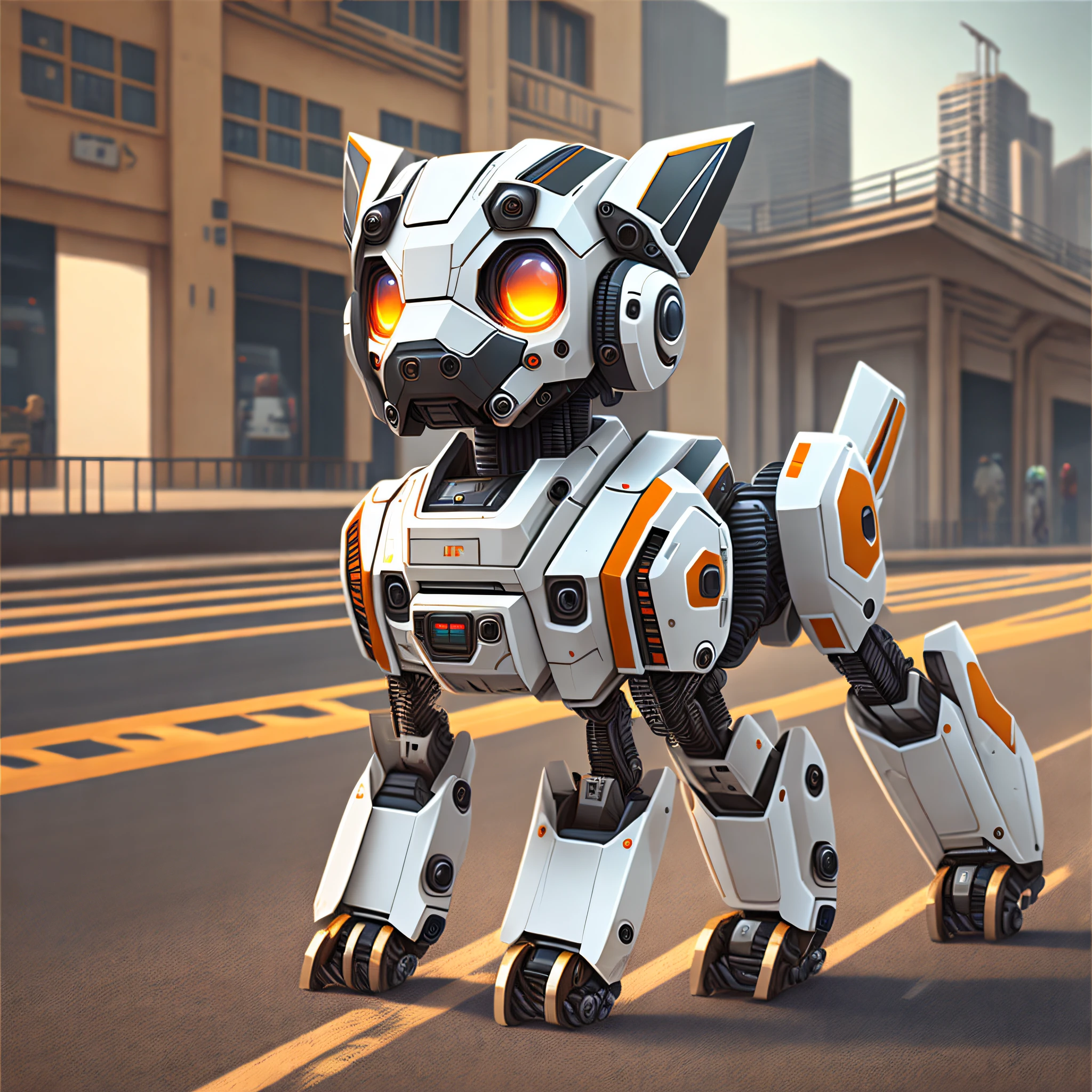 (Best quality, 8k, masterpiece) accompany robot dog, a robot dog, product design, main body white, warm color matching, small, cute, guide robot dog walking on the road industrial design, robot animal, guide robot dog, dachshund robot, medical mecha dog, mecha animal, mecha hound, robot cat, robot cat, futuristic robot, robot --auto --s2