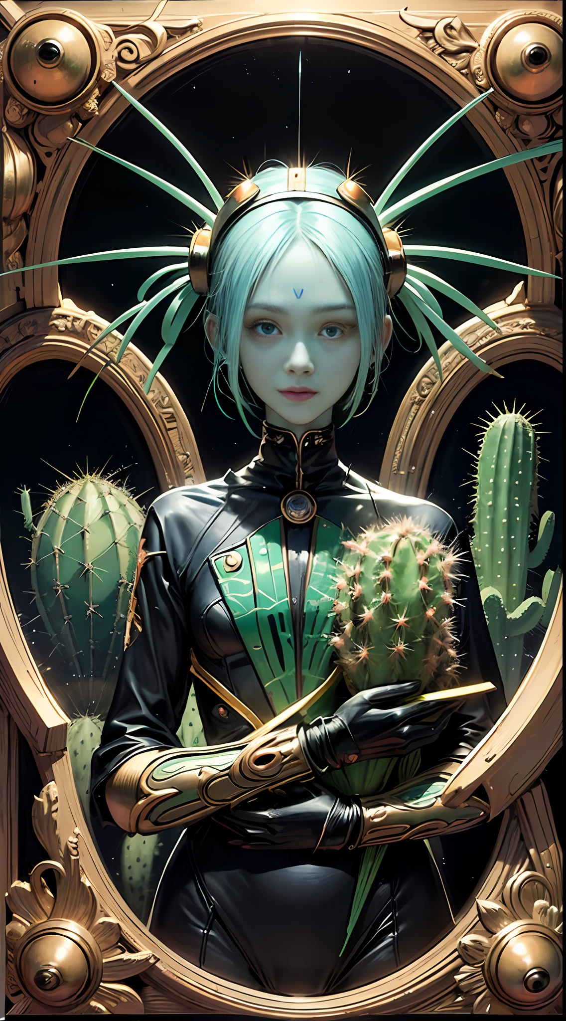 neon alien humanoid with the face of an alien (masterpiece), high detail, static frame, Wangog style with vintage coloring, giving proportionality to the hero to the scale (humanoid cactus of an ancient civilization of an extraterrestrial race), thin lines of contours, expressiveness of black shadows, Leonardo da Vinci style.