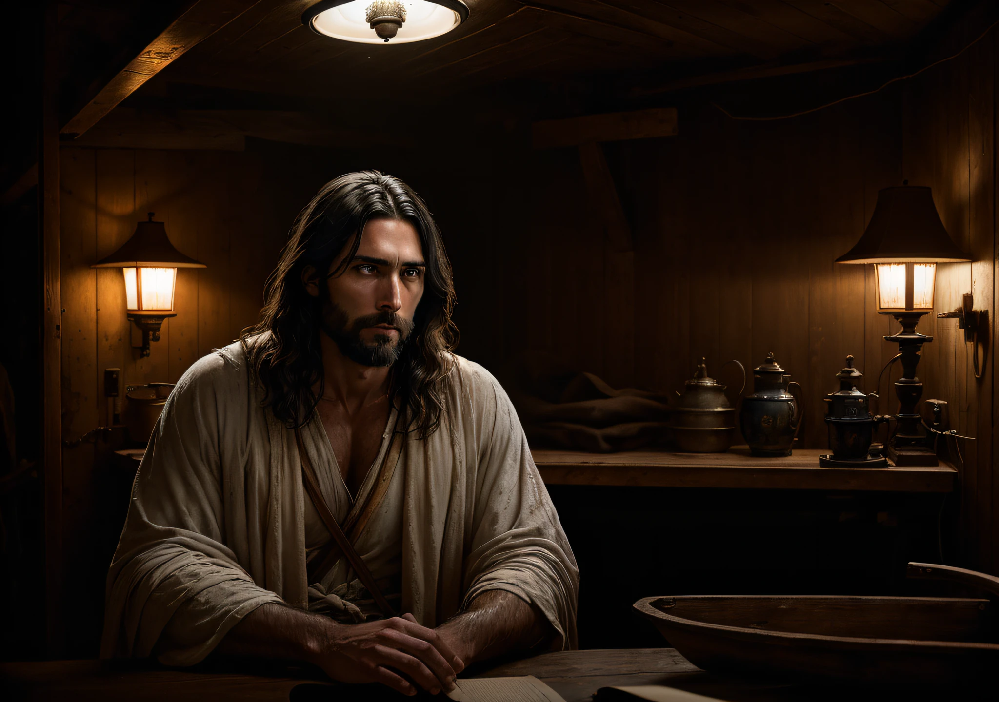JESUS CHRIST sitting next to an old boat Dark photo: realistic epic, soft cinematic portrait, adobe lightroom, photographic lab, highly detailed, faded, art by Greg Rutkowski and artgerm ,neutral colors: 1,2), (hdr:1,4) , (soft colors:1.2), hyperdetailed, (artstation:1.4), cinematic, warm lights, dramatic light, (intricate details:1.1), complex background, (rutkowski:0.66), (blue and orange:0.4)