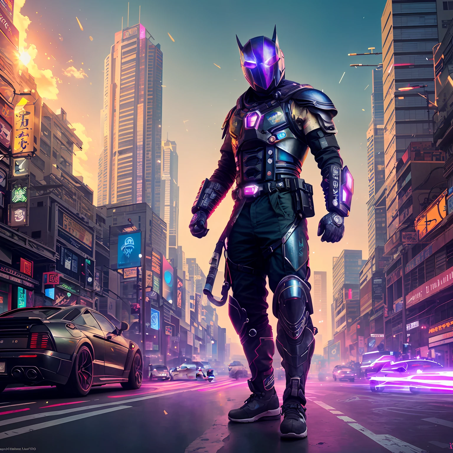 (sfw), 8k, RAW photo, Fujifilm eterna style photo, (dark:1.4), (backlit photography:1.4), (facing viewer:1.2), full body ,(kamen rider:1.1), grasshopper mask, multicolored (exosuit:1.2) with neon eyes, armored (belt and gauntlet:1.1), outdoor, fighting stance, (highly detailed:1.4), BREAK by Alyssa Monks , Annie Swynnerton , Beatrix Potter , Andrea Mantegna , Marco Mazzoni , Sara Wollfalk , Carlos Cruz-Diez , Saturno Butto , John Totleben , dust storm