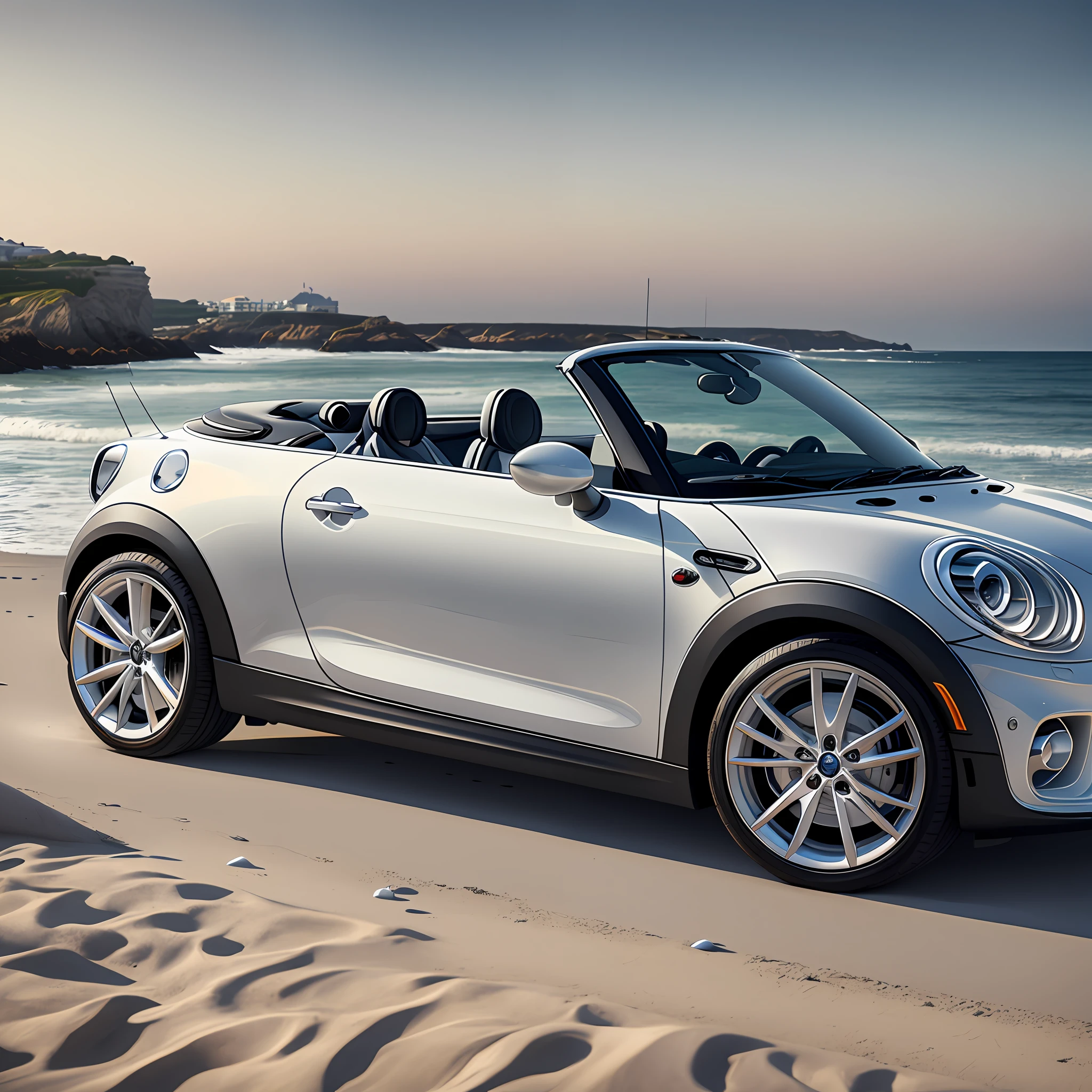 White mini coupe with black details, convertible with 20 chrome rim wheels, 8K ultra, hyper realistic, on the edge of Cascais beach. --auto --s2