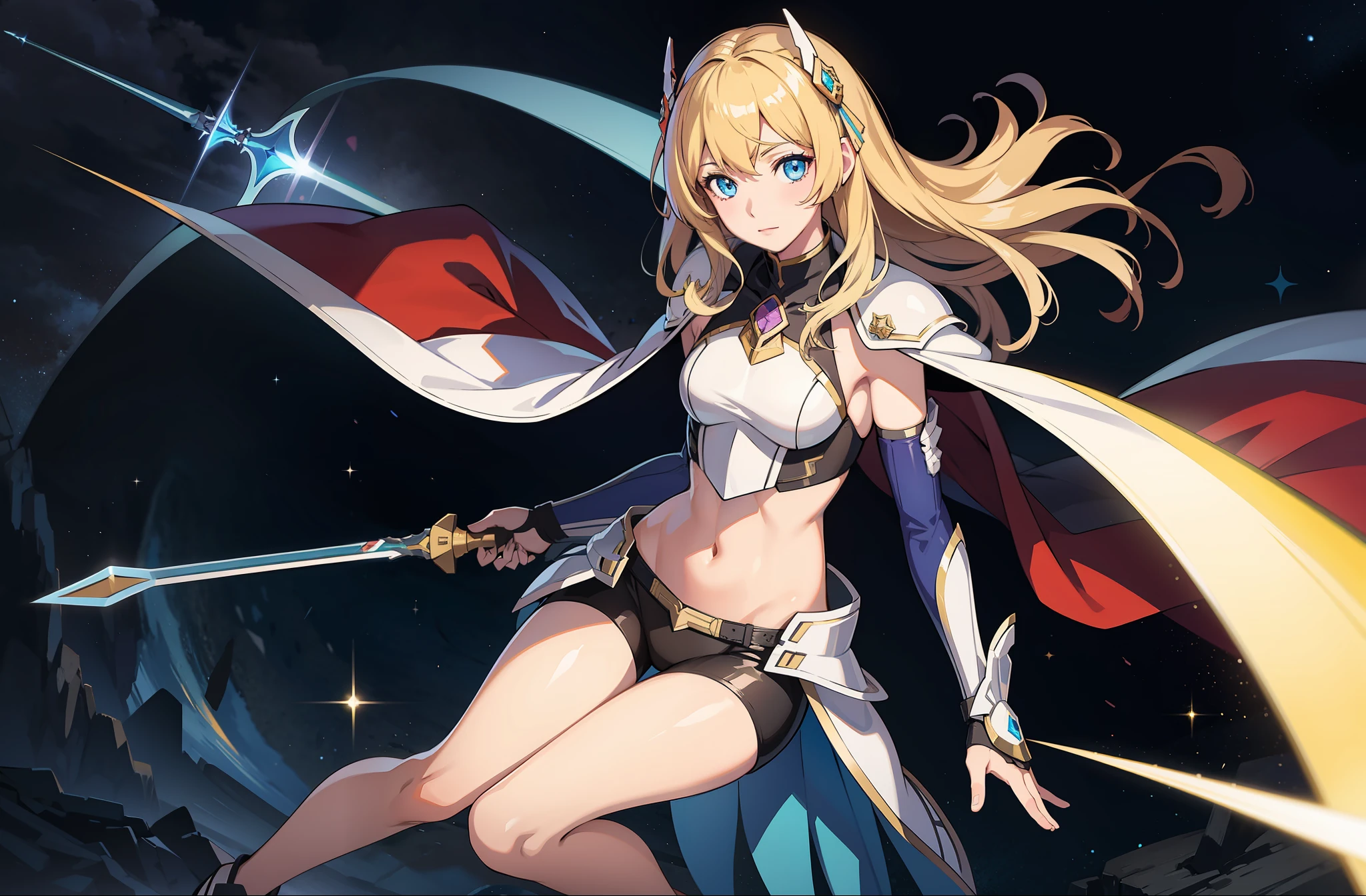 1 girl, masterpiece, macross delta splash art, best quality, small breasts, knight armor, midriff, longsword in hand, realistic gun, shining armor, long blue cape, detailed eyes, sparkling eyes, beautiful hands, highly detailed hands, straight hands, shiny skin, shiny hair, blue eyes, light blonde hair, tall, long hair, straight hair, full body, castle in background