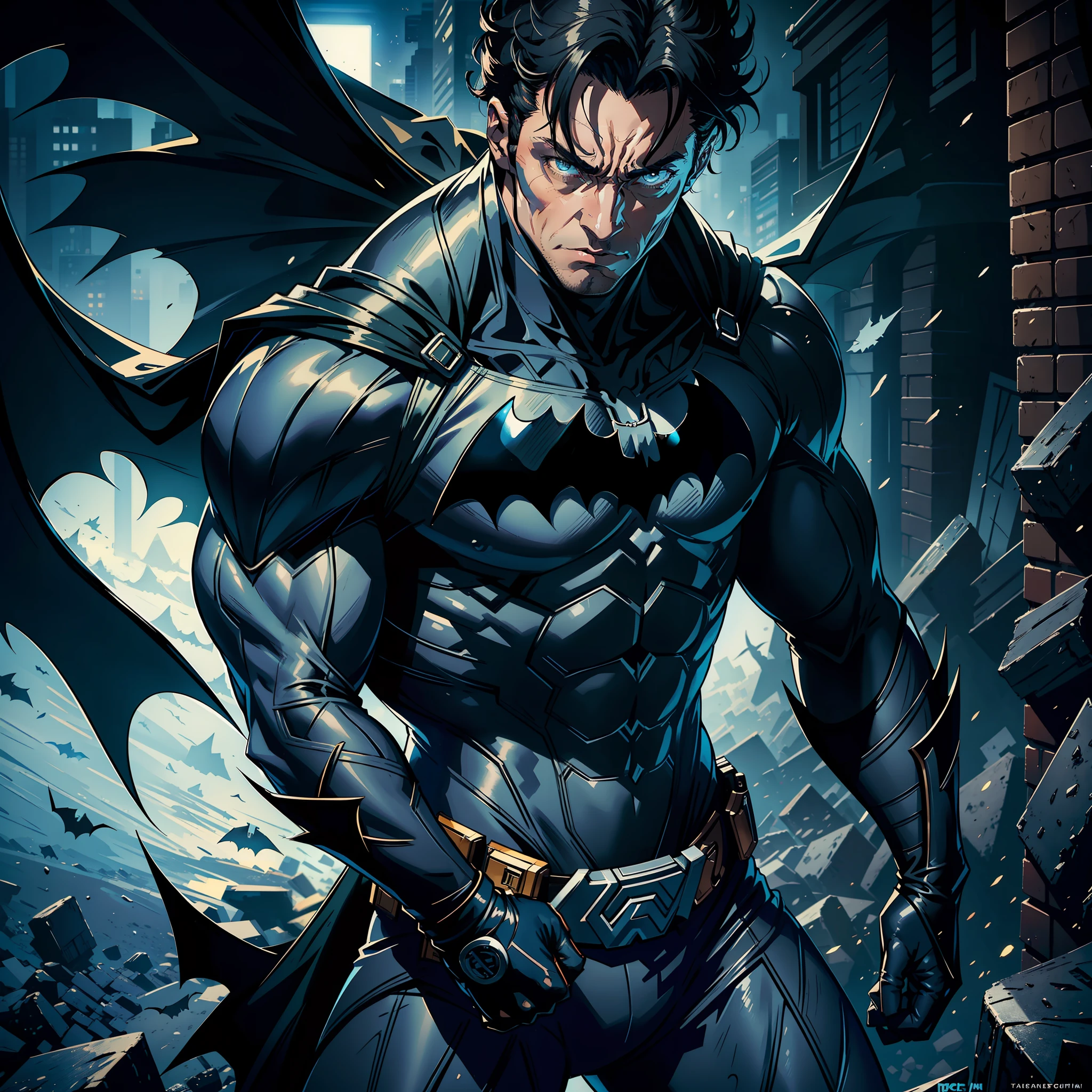 The image highlights an ultra-detailed portrait of Hugh Jackman as Batman. The focus of the image is on the intimidating and imposing appearance of the character. Jackman is depicted in the classic Batman costume, with the bat symbol on his chest and the fluttering cape. The expression on Jackman's face is harsh and determined, conveying the character's powerful presence. The details in the Batman costume are meticulously rendered in 4K, highlighting the texture of the fabric and the iconic features of the uniform. The dramatic light creates deep shadows around Jackman's face, further emphasizing his intimidating expression. The artistic medium is digital photography, with a focus on capturing the realistic appearance of the character. The artists and photographers who could collaborate with this scene are: Zack Snyder, Greg Capullo and the high-definition photographic movement.