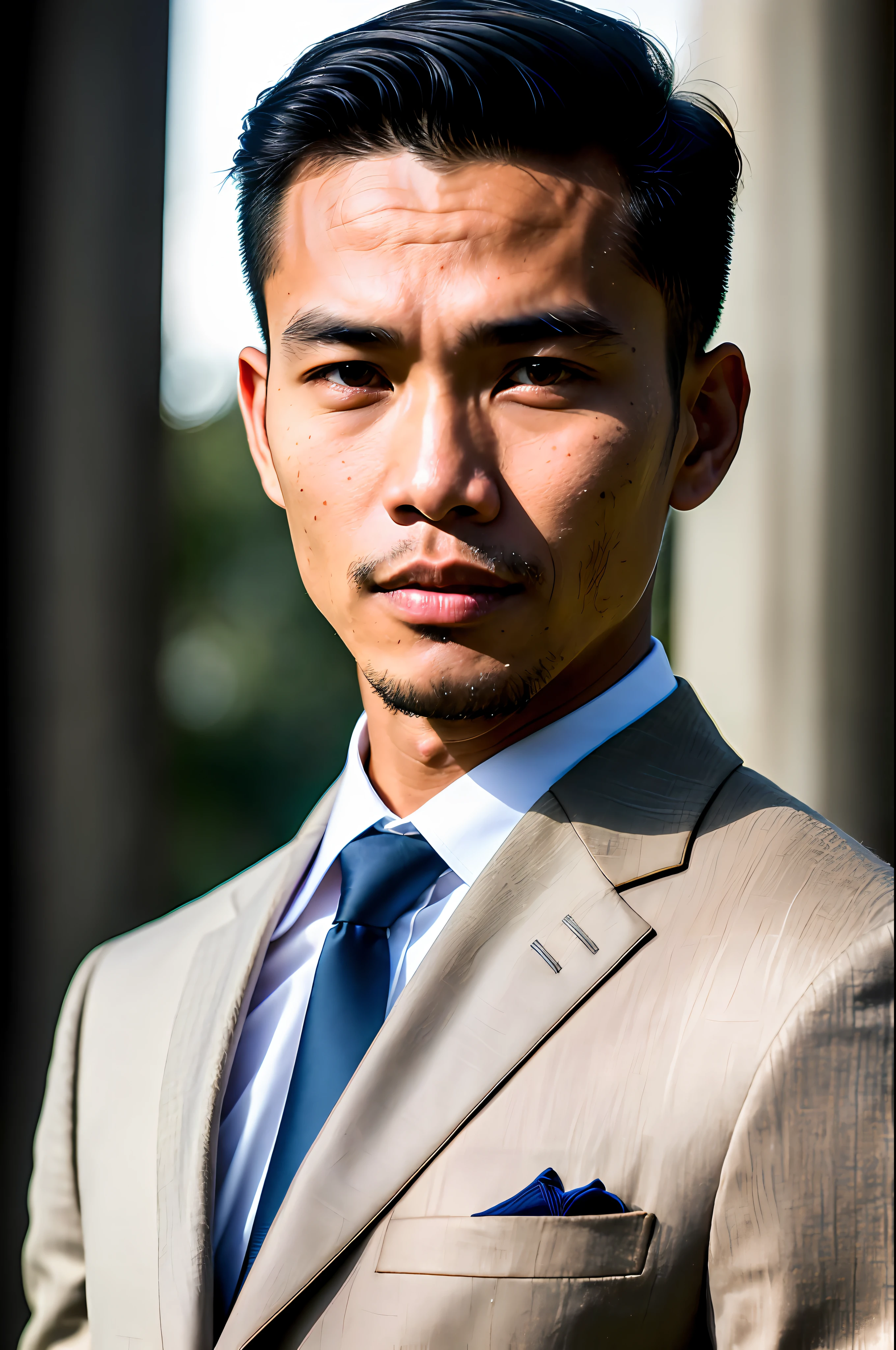 world press photo winner, (award-winning photography:1.3), (modern indonesian man wearing wedding suit, beautiful face, young man, indonesian skin tone, typical Indonesian male features:1.4), (8k, RAW photo, best quality:1.3), (realistic, photo-realistic, modest clothes:1.1), inspiring, Portait of a (handsome typical modern indonesian man outdoors:1.5), analog style (look at viewer:1.2) (skin texture) (film grain:1.3), (warm hue, warm tone:1.2), close up, cinematic light, sidelighting, ultra high res, best shadow, RAW, upper body, wearing pullover, Microgeometry, skin elasticity, light scattering through hair, ambient occlusion, multi-layer skin shading, facial muscle simulation, iris and pupil rendering, advanced color grading, wedding suit