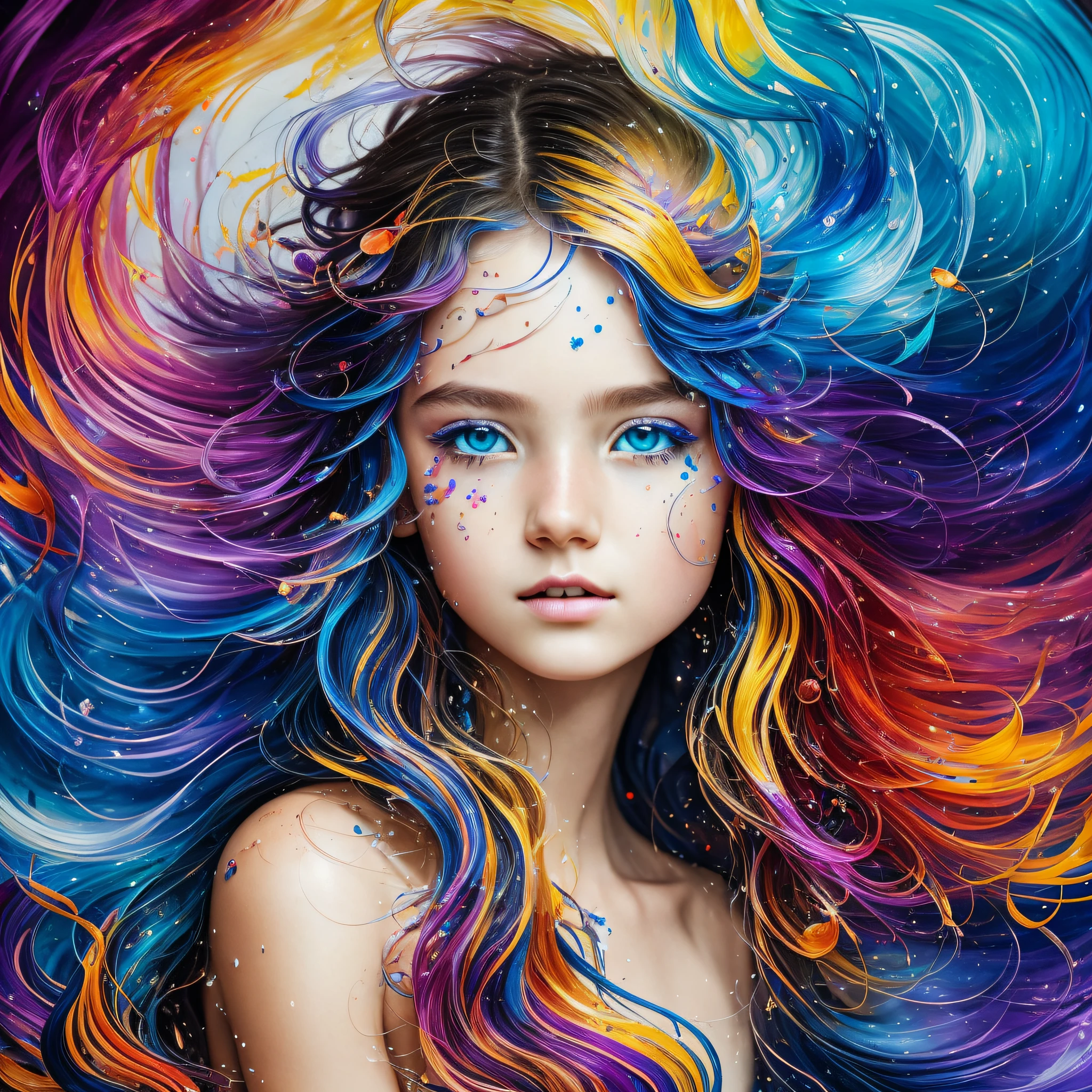 Colorful beautiful girl: a giru 8-years old, messy hair, oil painting, nice perfect face with soft skinice perfect face, blue yellow colors, light purple and violet additions, light red additions, intricate detail, splash screen, 8k resolution, masterpiece, cute face,artstation digital painting smooth veryBlack ink flow: 8k resolution photorealistic masterpiece: intricately detailed fluid gouache painting: by Jean Baptiste Mongue: calligraphy: acrylic: watercolor art, professional photography, natural lighting, volumetric lighting maximalist photoillustration: by marton bobzert:, complex, elegant, expansive, fantastical,  wavy hair, vibrant --auto --s2