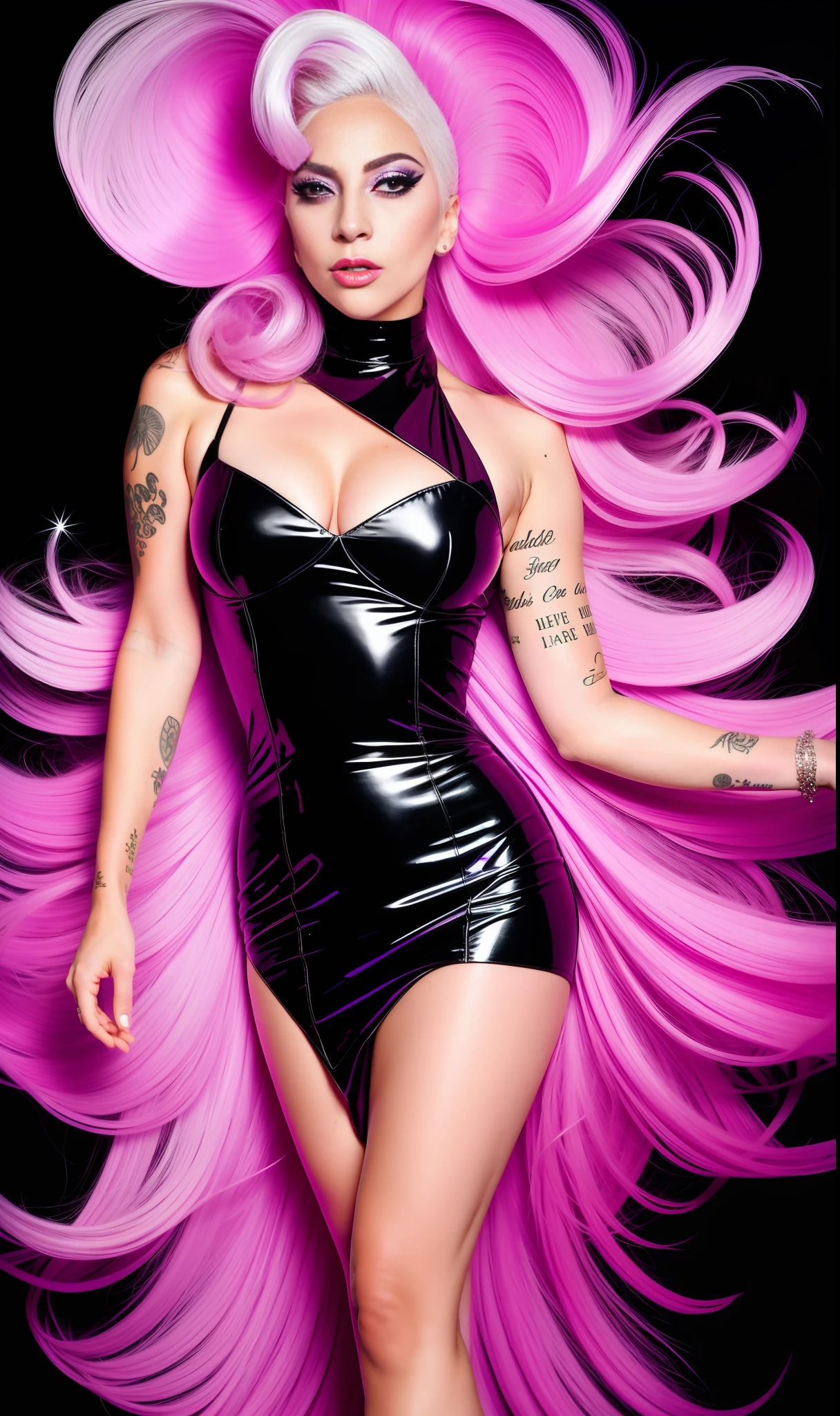 Lady Gaga Photo, 4K texture, light violet dress with black,neon,flamboyant white hair, 8k image, haute couture, flashes, high image quality,neon dress, realistic face, various body poses, full body, 8k image, sharp image,HD, very well defined face