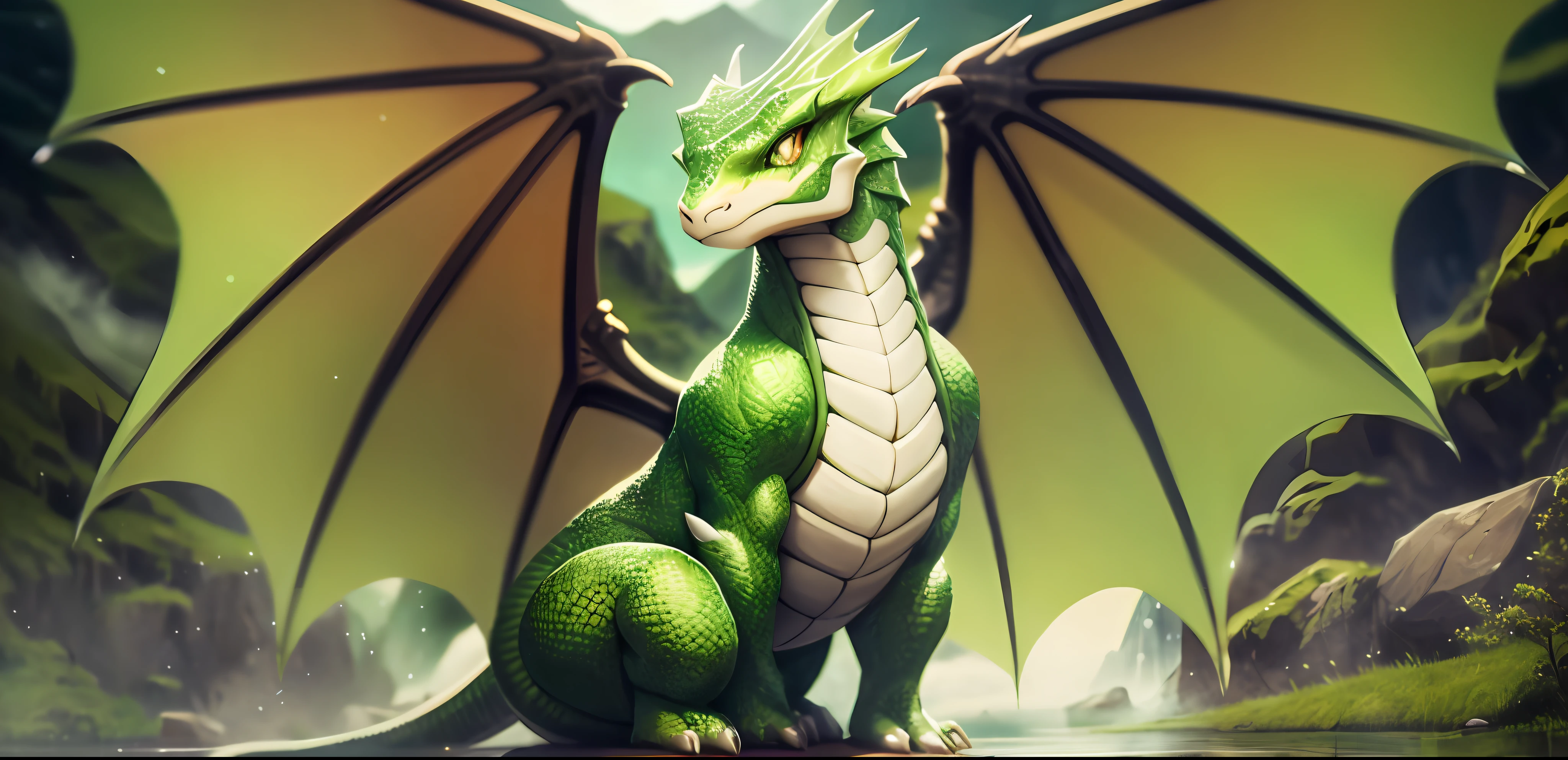 Mini green dragon cute, majestic, perfect,symmetrical, no physical defects, dragon skin, dragon wings, big eyes, background mountain with waterfall, photorealistic, hyperrealistic, hyperdetailed, pokemon style, full body, sitting, detailed skin, matte skin, soft lighting, subsurface scattering, realistic, heavy shadow, masterpiece, best quality, ultra realistic, 8k, film photography, soft focus, super cute creature --auto --s2