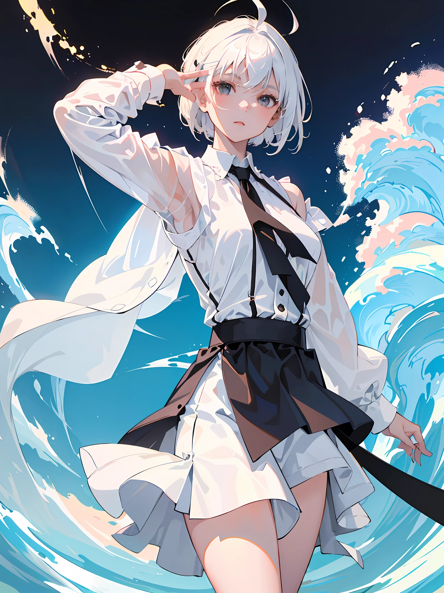 ((masterpiece, best quality)), (1girl), (solo), (female focus), (ahoge, white hair, short hair), black eyes, ((white shirt), (buttoned shirt)), ((black skirt), (short skirt)), standing, white background, behind arms,