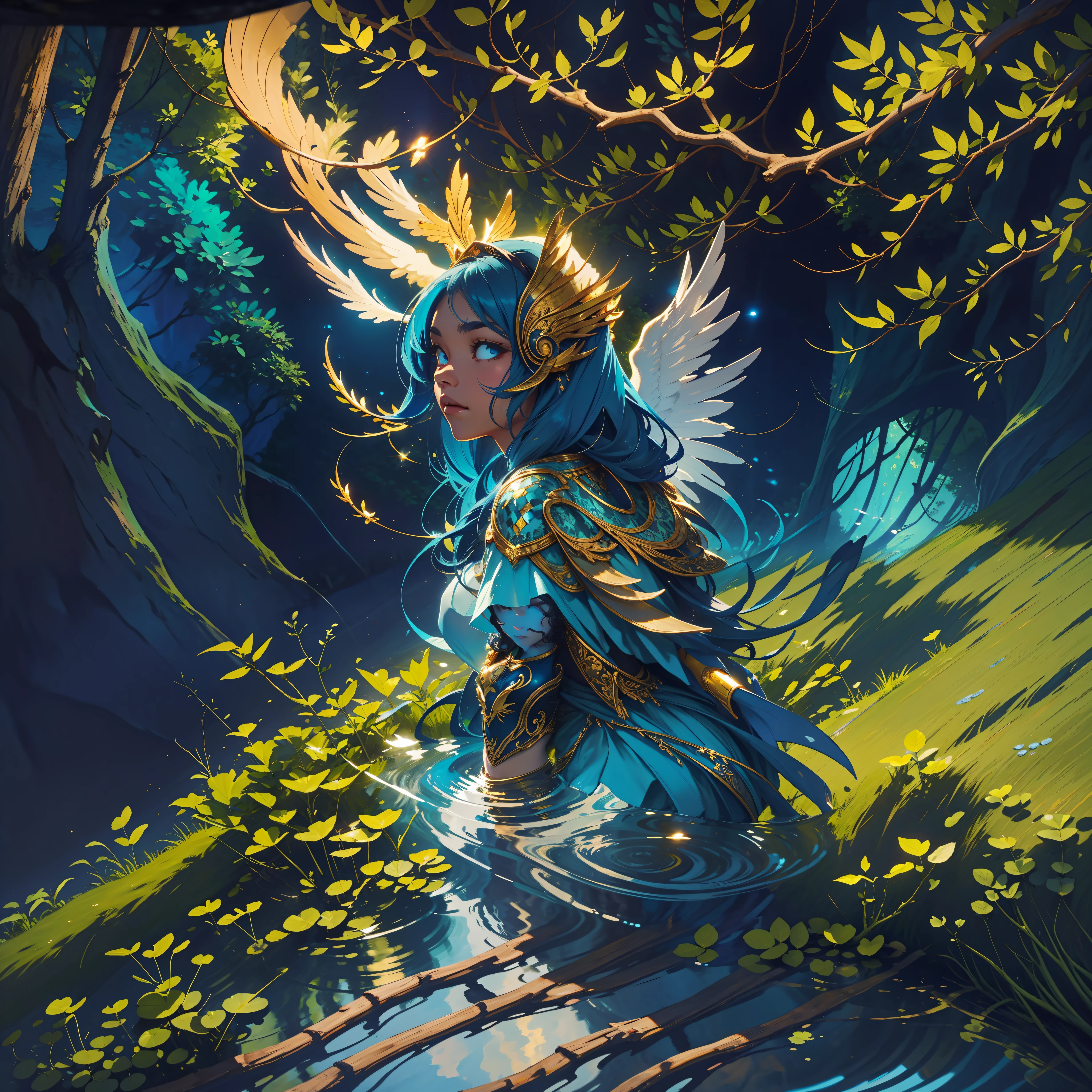 An angel woman hovers over a serene lake at dusk. The water reflects deep blue and gold tones, while the surrounding trees are framed by lush vegetation. Its dark wings glow with a soft golden hue,