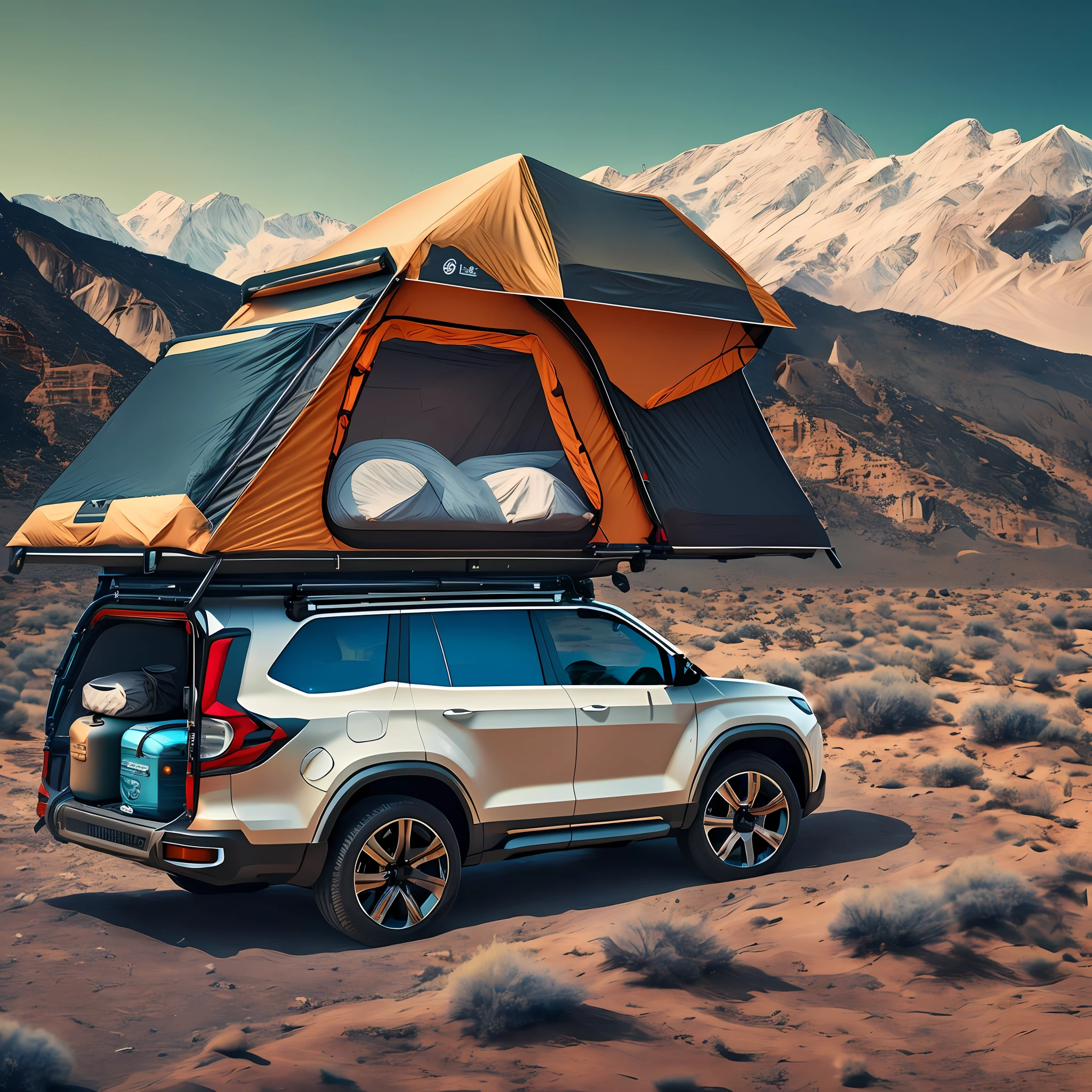 An SUV that transforms into a mobile camping with space to sleep and cook. Ultra realistic professional 8k photo. --auto --s2