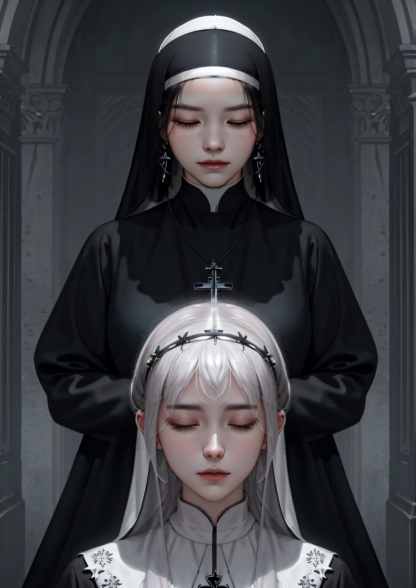 anime - style image of a nun and a nun nun with a cross on her head, artwork in the style of guweiz, guweiz, guweiz on pixiv artstation, guweiz on artstation pixiv, guweiz masterpiece, eerie art style, loish and wlop, by Russell Dongjun Lu, by Li Song
