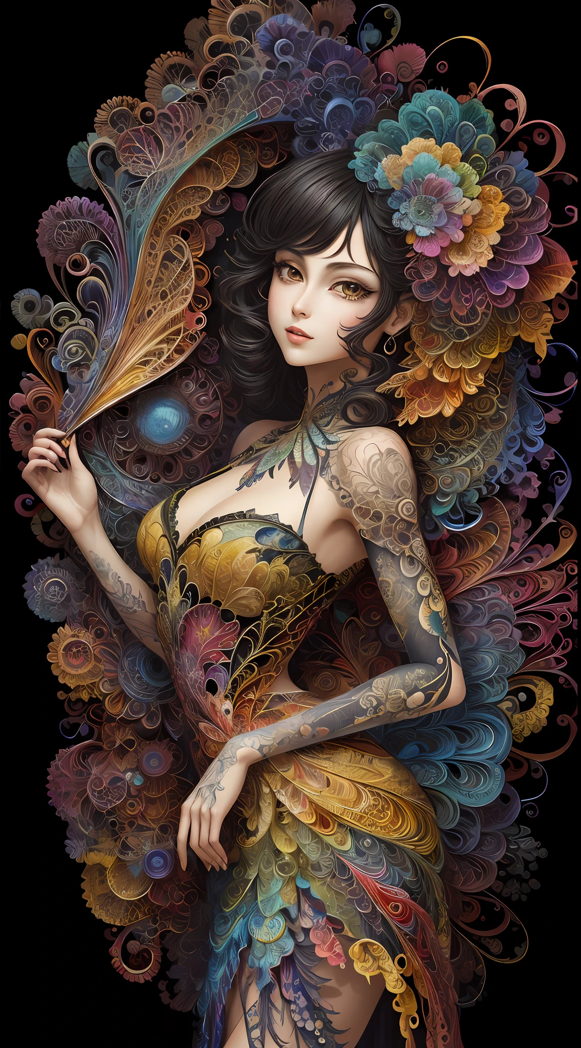 (masterpiece, top quality, best quality, official art, beautiful and aesthetic:1.2), (1girl:1.3), extremely detailed,(fractal art:1.2),colorful,highest detailed,(zentangle:1.2), (dynamic pose), (abstract background:1.5), (treditional dress:1.2), (shiny skin), (many colors:1.4), upper body, masterpiece, best quality,high quality,highres, 16K,RAW,ultra highres,ultra details,finely detail,an extremely delicate and beautiful,extremely detailed,real shadow, anime,highly detailed painted,award winning glamour paintting,wonderful paintting,art style,stylized,