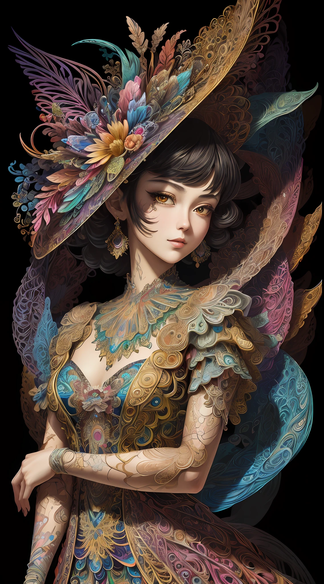 (masterpiece, top quality, best quality, official art, beautiful and aesthetic:1.2), (1girl:1.3), extremely detailed,(fractal art:1.2),colorful,highest detailed,(zentangle:1.2), (dynamic pose), (abstract background:1.5), (treditional dress:1.2), (shiny skin), (many colors:1.4), upper body, masterpiece, best quality,high quality,highres, 16K,RAW,ultra highres,ultra details,finely detail,an extremely delicate and beautiful,extremely detailed,real shadow, anime,highly detailed painted,award winning glamour paintting,wonderful paintting,art style,stylized,