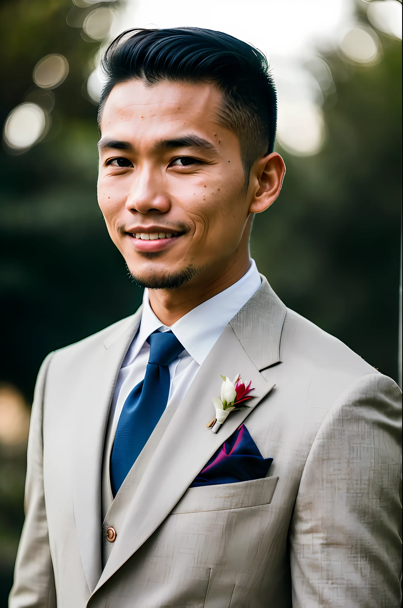 world press photo winner, (award-winning photography:1.3), (modern indonesian man wearing wedding suit, handsome face, young man, indonesian skin tone, typical Indonesian male features:1.4), (8k, RAW photo, best quality:1.3), (realistic, photo-realistic, modest clothes:1.1), inspiring, Portait of a (handsome typical modern indonesian man outdoors:1.5), analog style (look at viewer:1.2) (skin texture) (film grain:1.3), (warm hue, warm tone:1.2), close up, cinematic light, sidelighting, ultra high res, best shadow, RAW, wearing suit, Microgeometry, skin elasticity, light scattering through hair, ambient occlusion, multi-layer skin shading, facial muscle simulation, iris and pupil rendering, advanced color grading, wedding suit, wedding hall, smiling