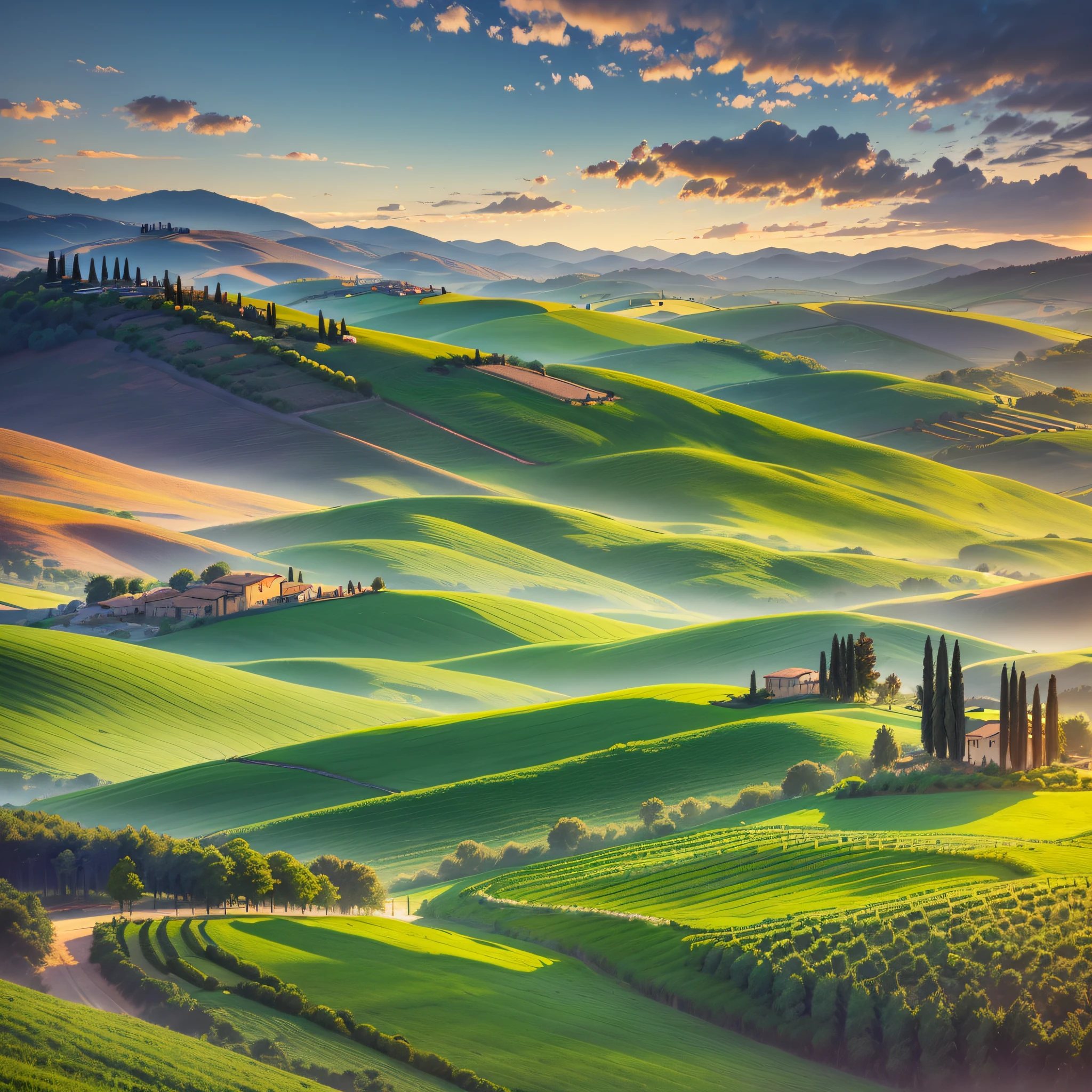 (sunset,green fields,Tuscany,Italy,high def) --auto --s2